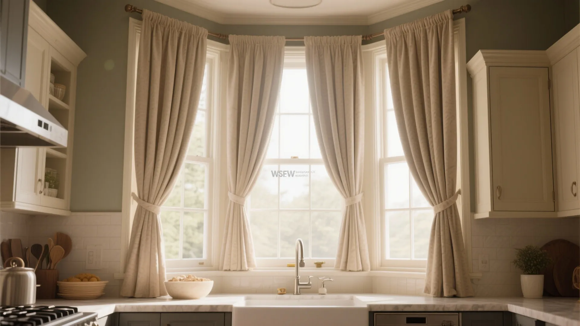 Full-length drapes framing a kitchen bay window