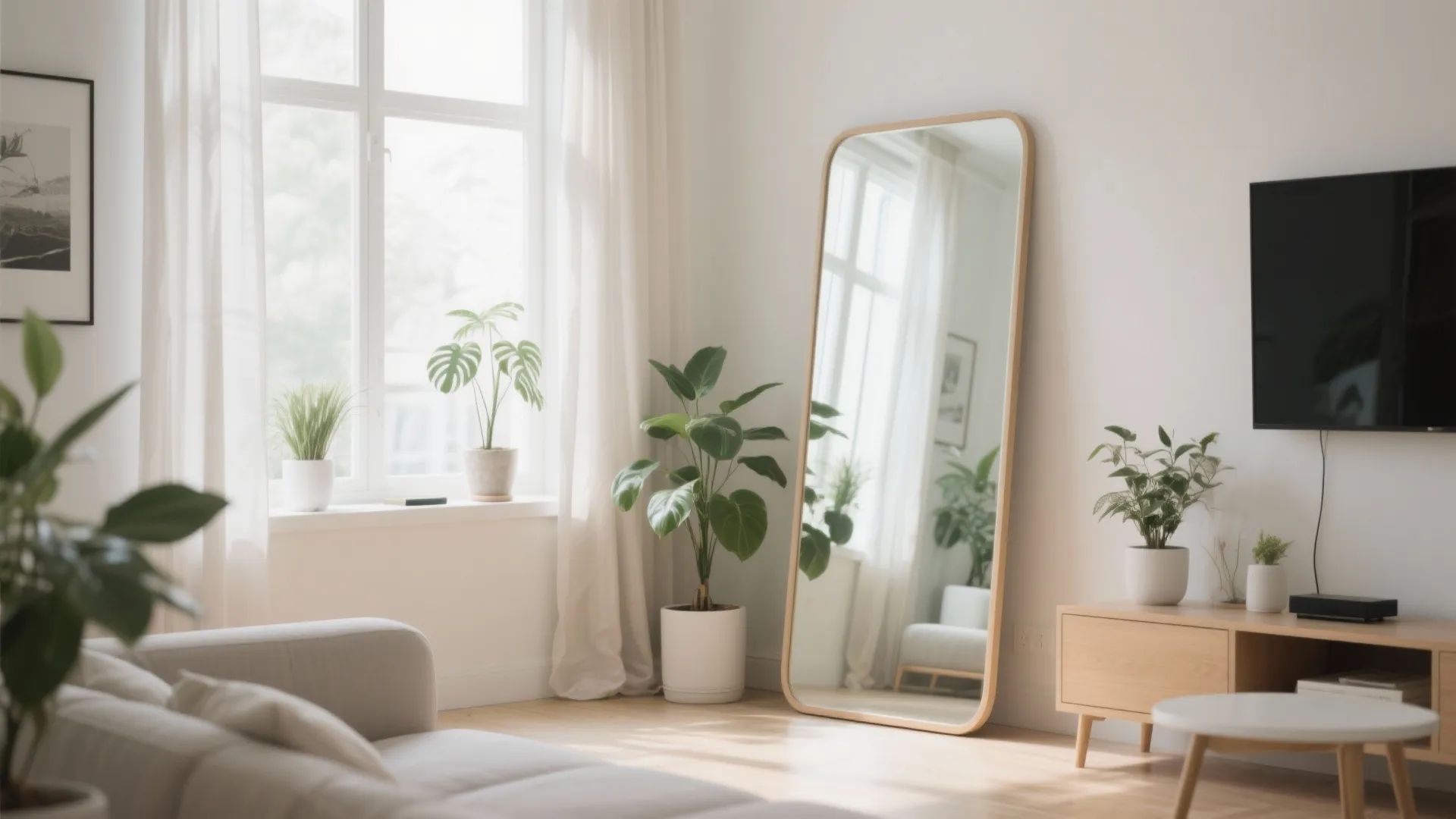 Full-length leaning mirror in bright living room corner