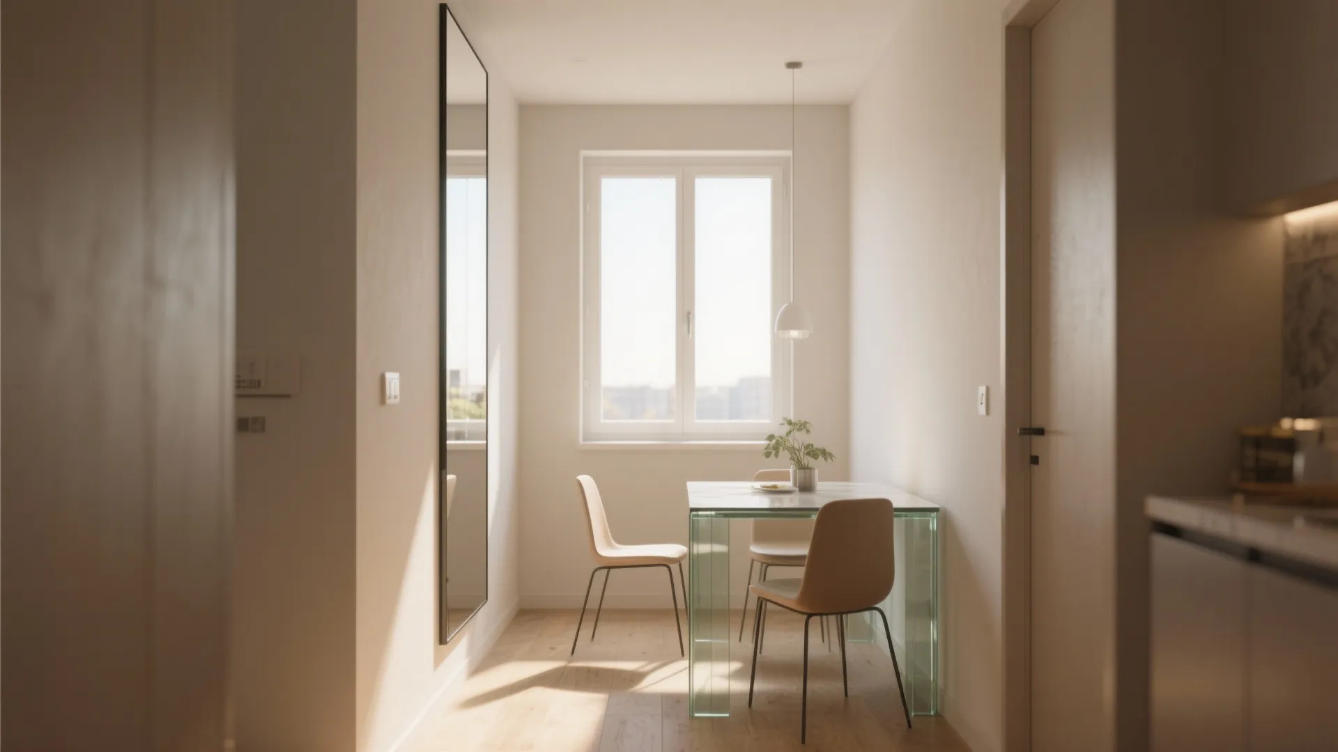 Modern narrow dining area with glass table minimalist chairs large wall mirror and natural light