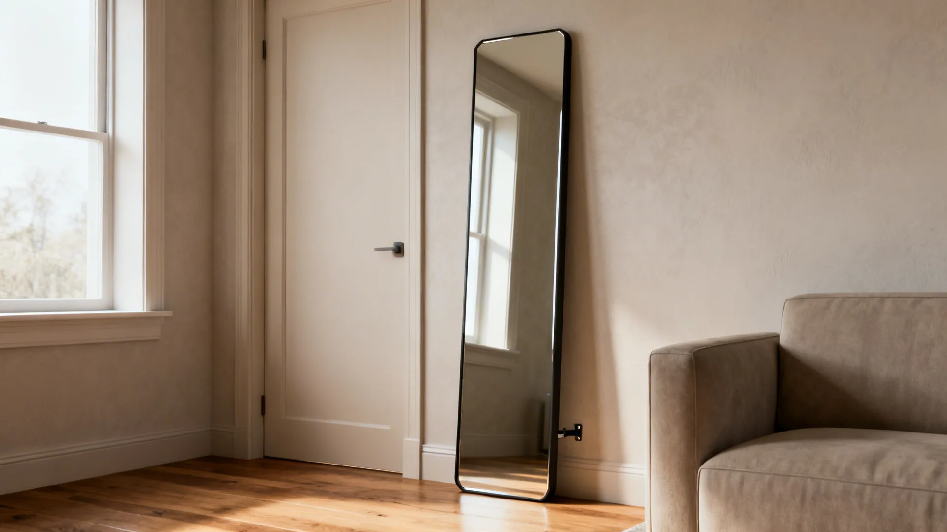 Tall slim full-length mirror beside a doorway creating a taller perception of the room.