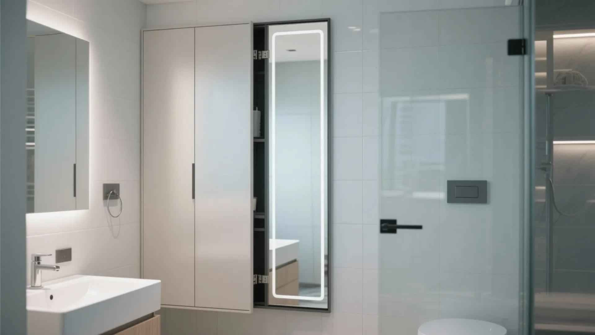 Modern white bathroom with sink and tall cabinet featuring a built-in light up long mirror