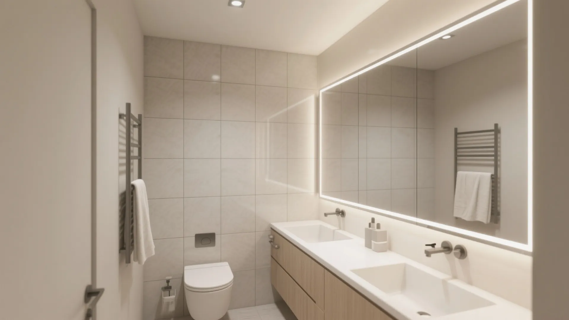 Bathroom with double sink vanity cabinet, large backlit wall mirror, toilet, and metal towel rack