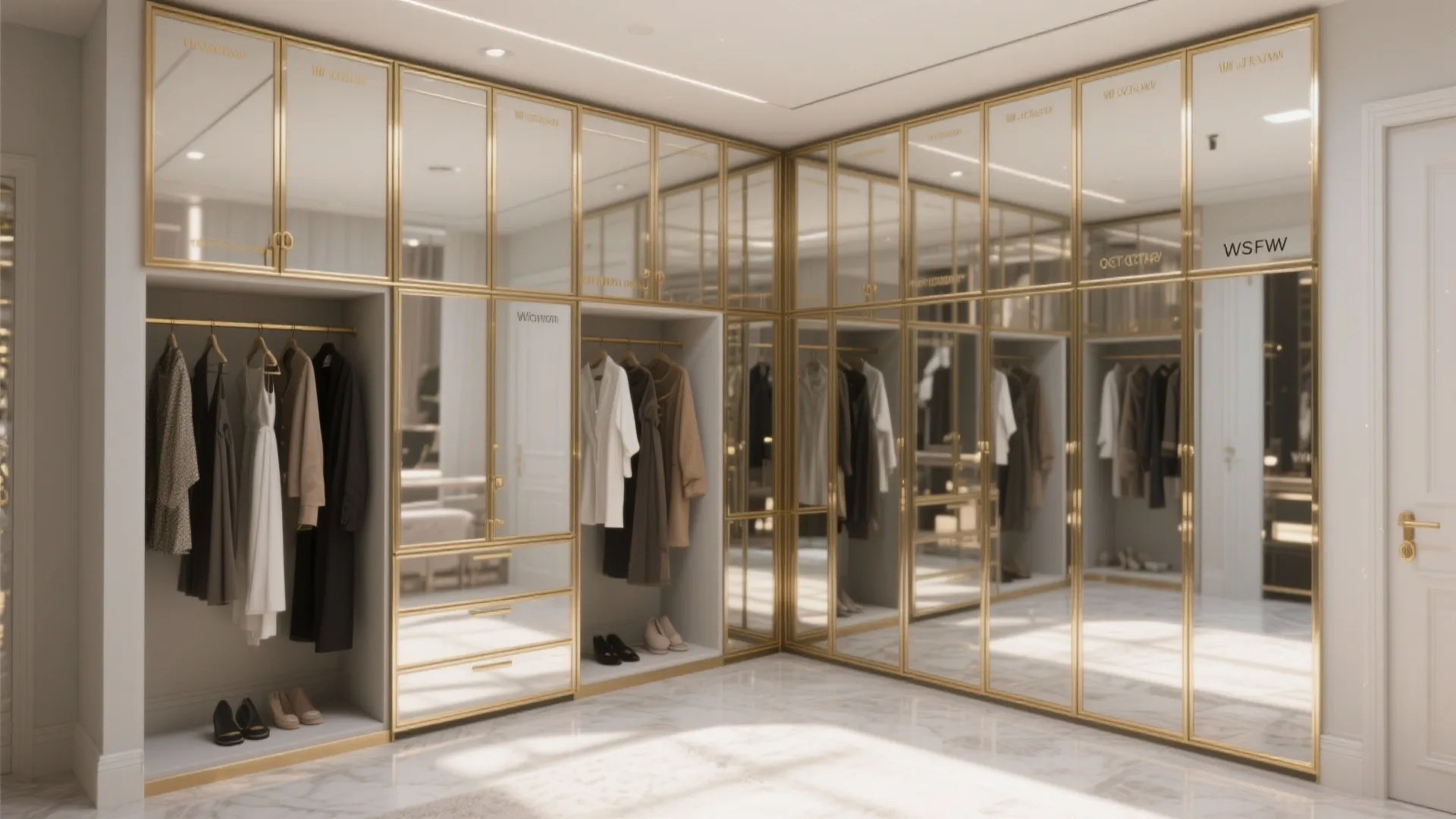 Full-length mirror wall reflecting wardrobe in a bright dressing room