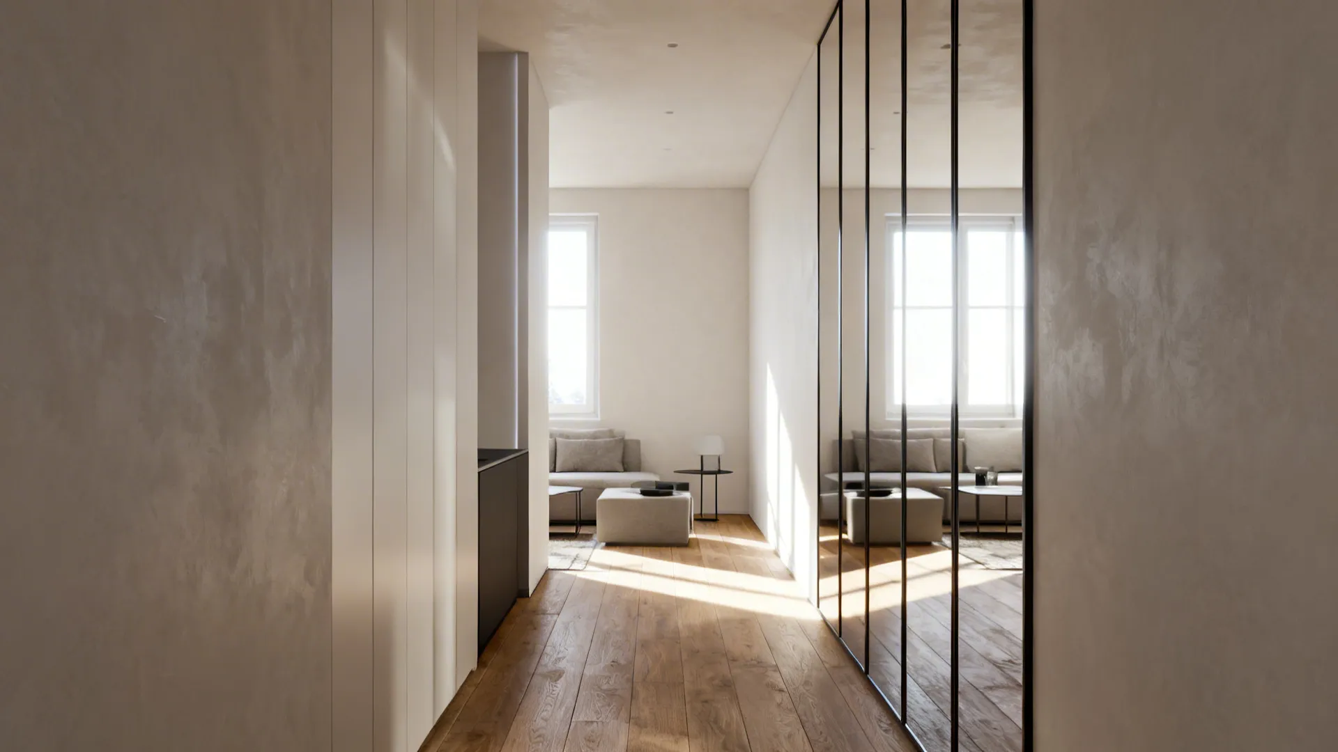 Full-length mirror panels along a narrow living room wall reflecting a window and increasing perceived space
