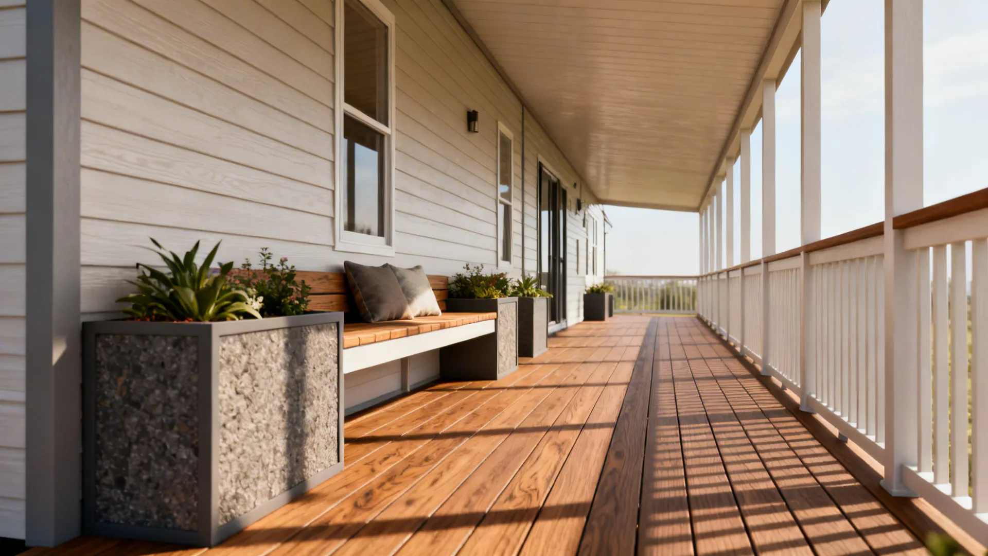 Full-length wrap porch with built-in benches and planters on a narrow mobile home.