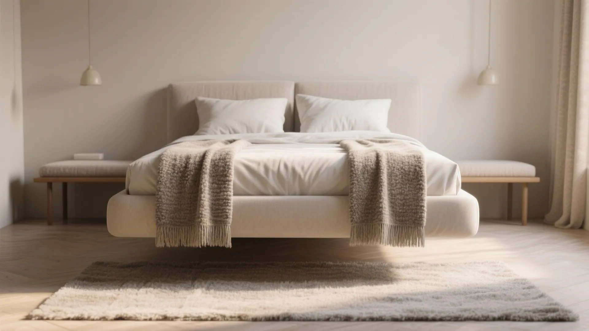 Modern minimalist bedroom featuring a floating beige bed with white pillows and two hanging lights