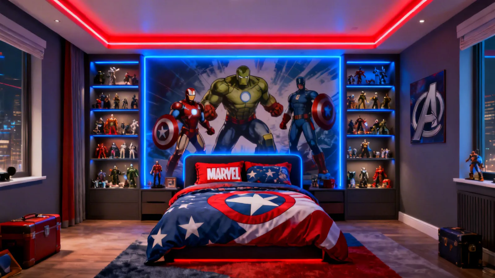 immersive marvel themed bedroom with avengers mural and LED lighting