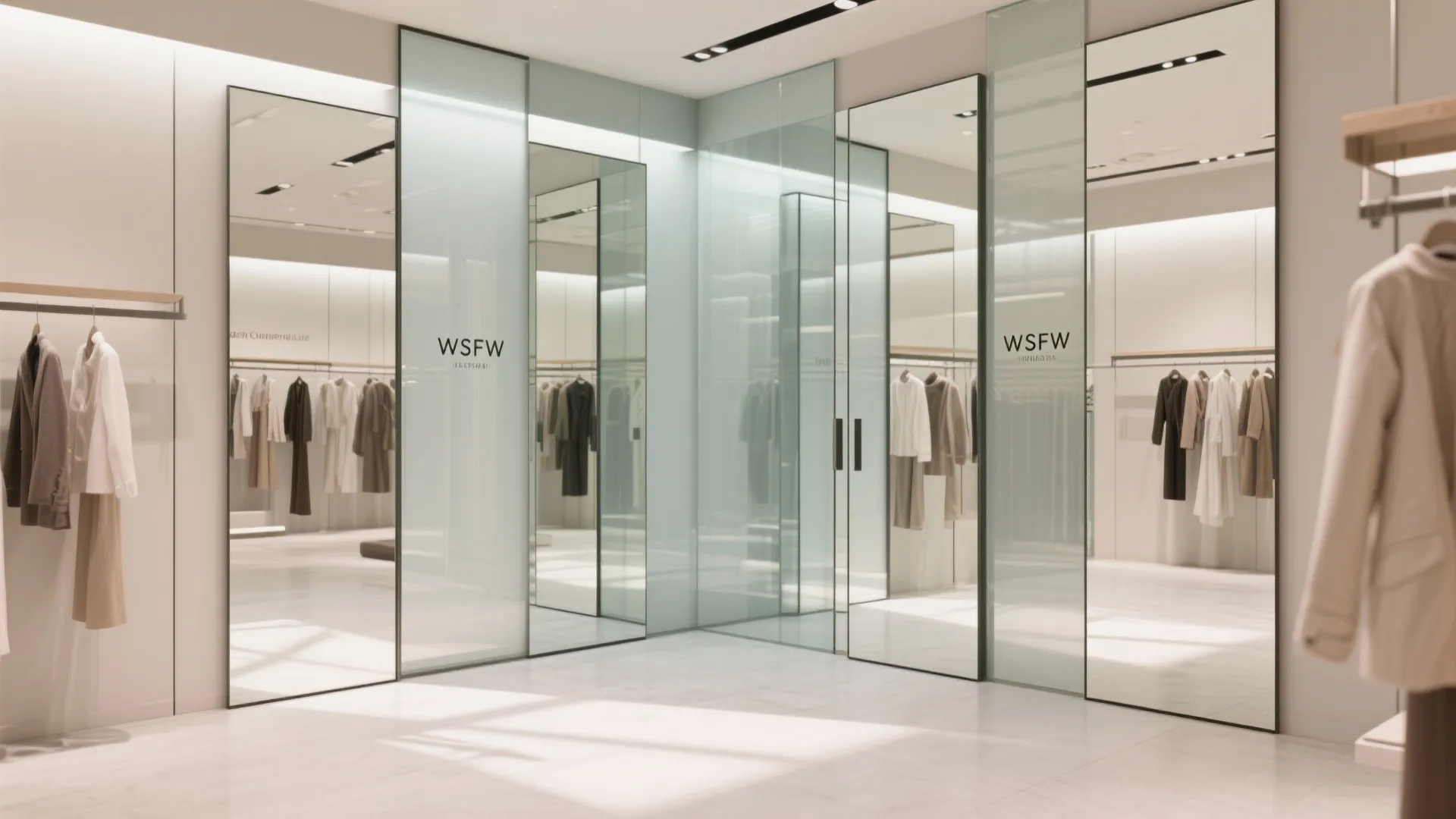 Modern clothing store fitting room featuring large floor mirrors and frosted glass panels with bright lighting