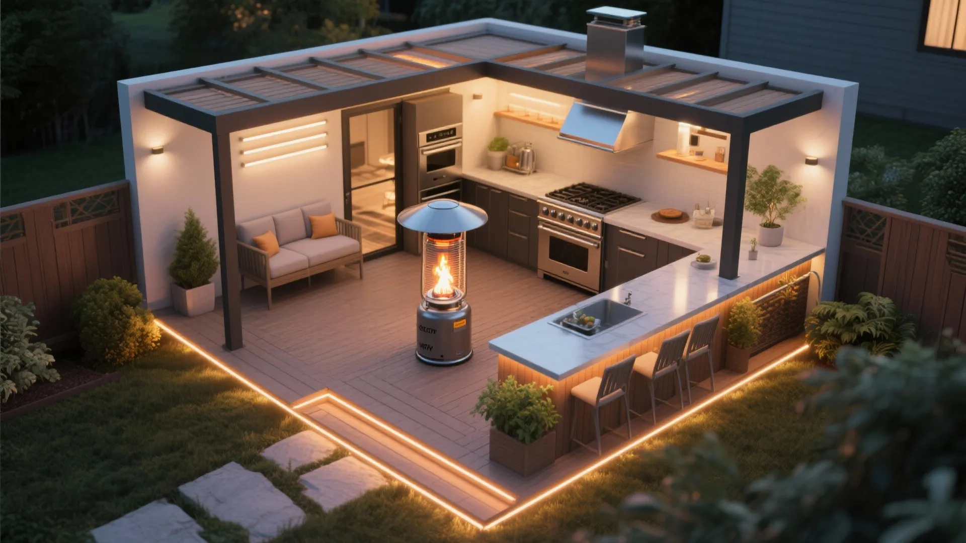 Modern outdoor kitchen layout under dark pergola with glowing floor lights stove sink and sofa