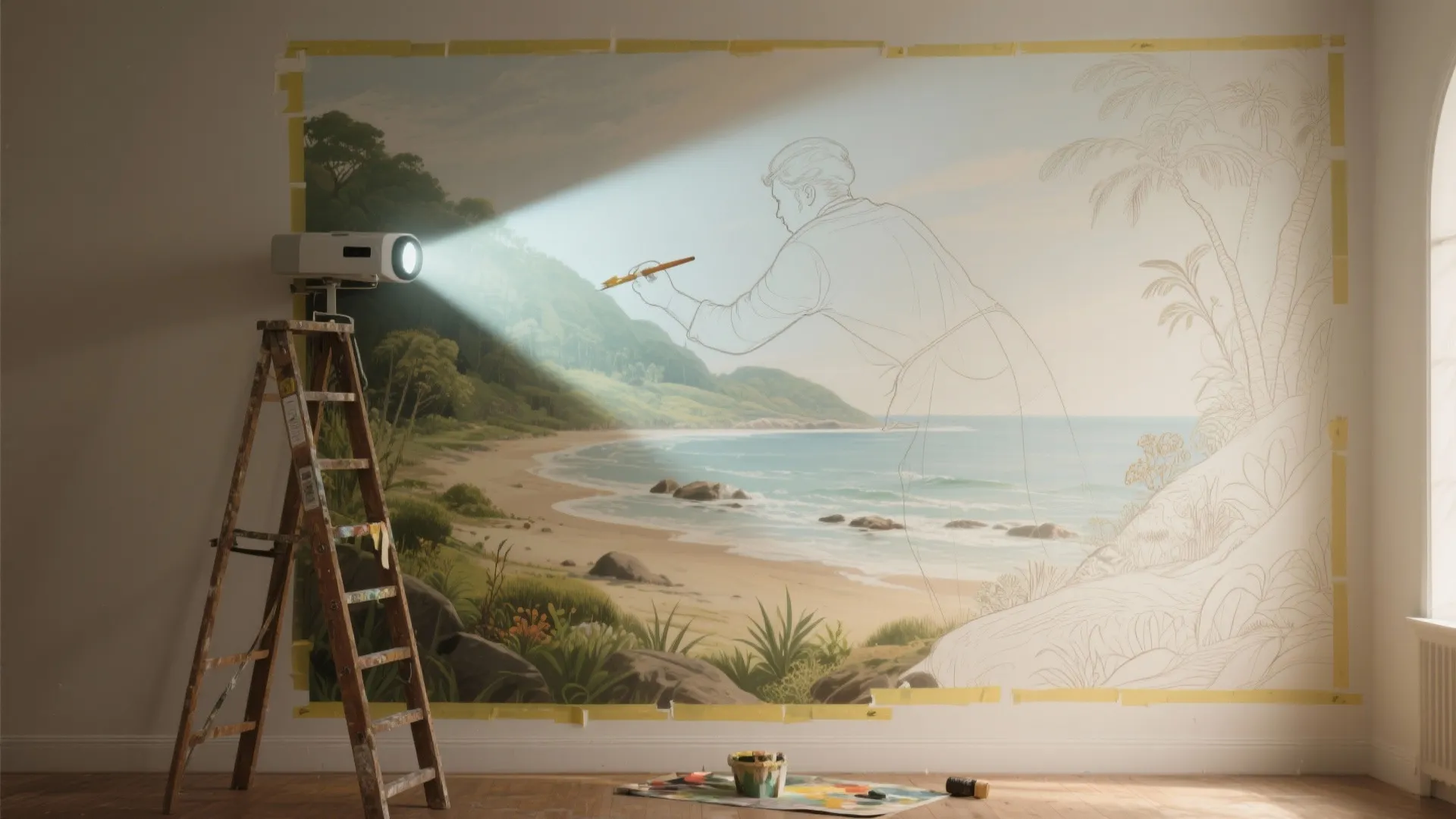 Projector displaying tropical beach scene on wall for artist tracing landscape mural with wood ladder