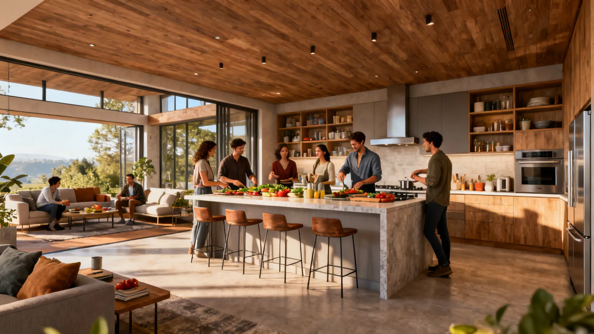 Full open-plan kitchen with island and seating for social cooking and entertaining