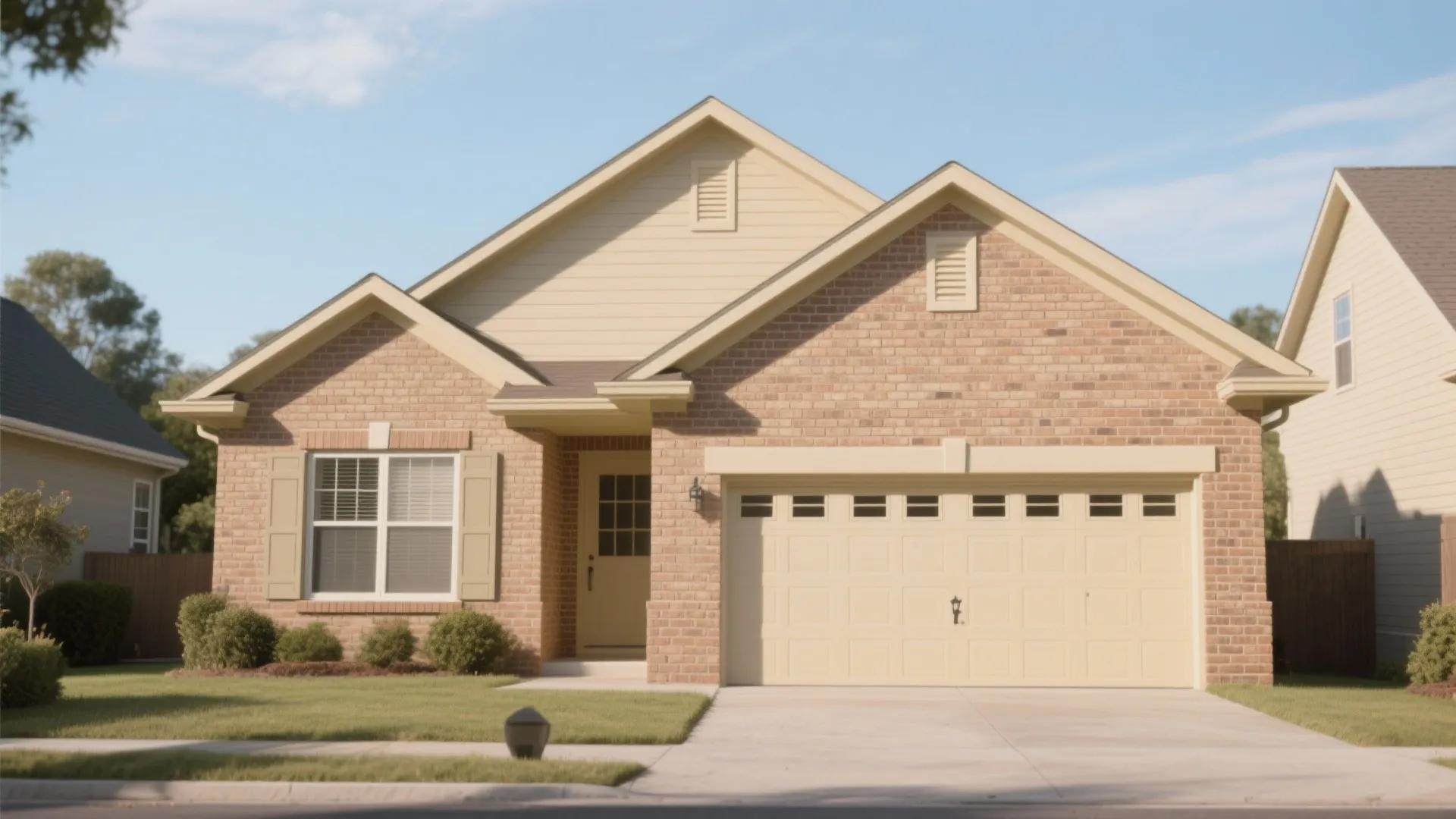 Single-story brick house featuring a tan garage door green lawn and clear blue sky background