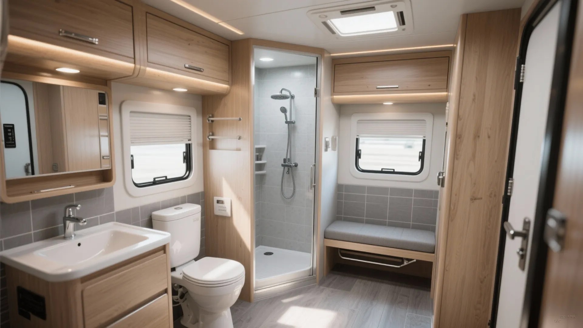 Interior view of an RV with a compact full bathroom and a separate half bath, showing a fold-down shower bench