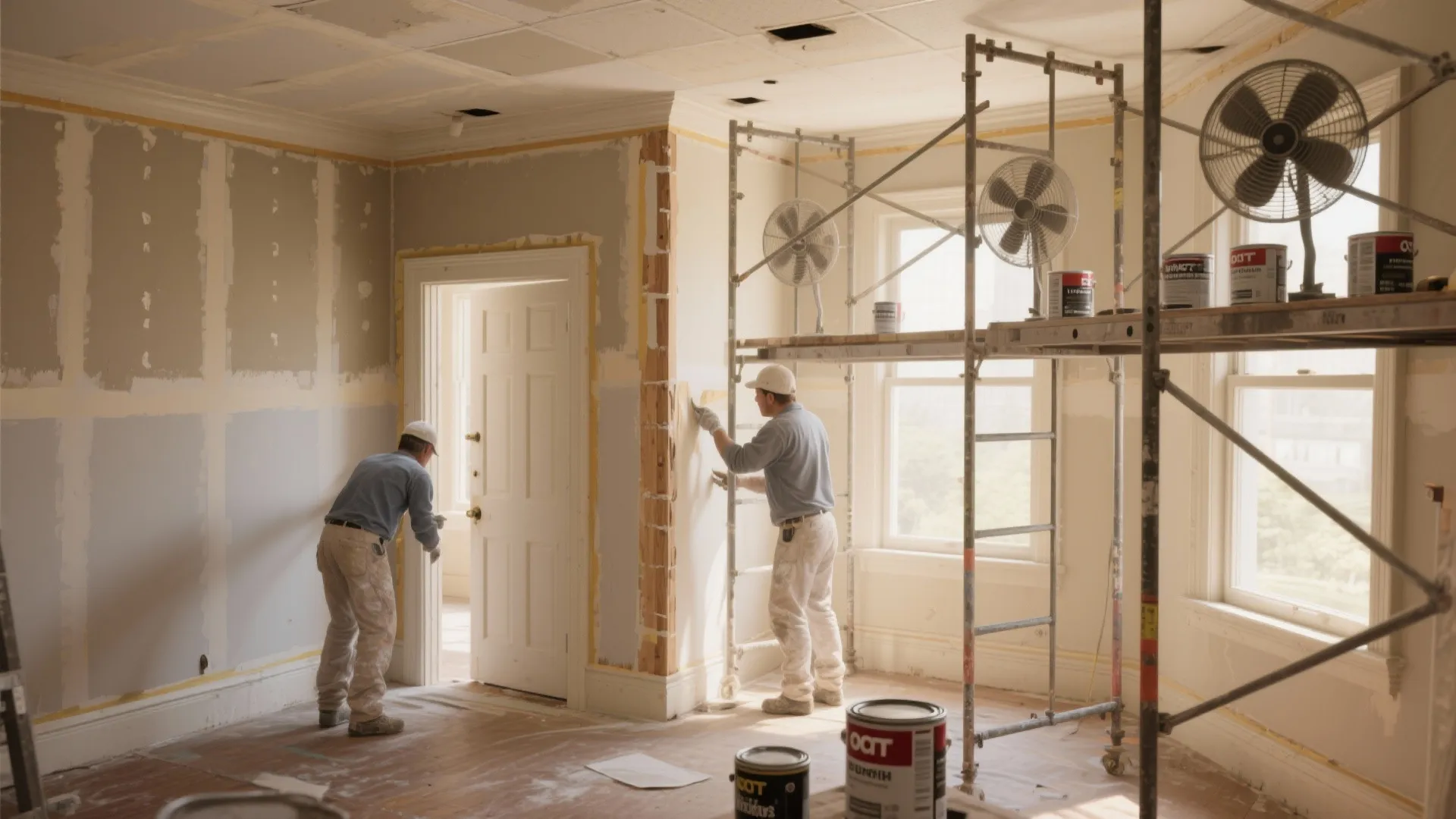 Two professional workers painting walls and ceiling inside a large room with scaffolding and cans