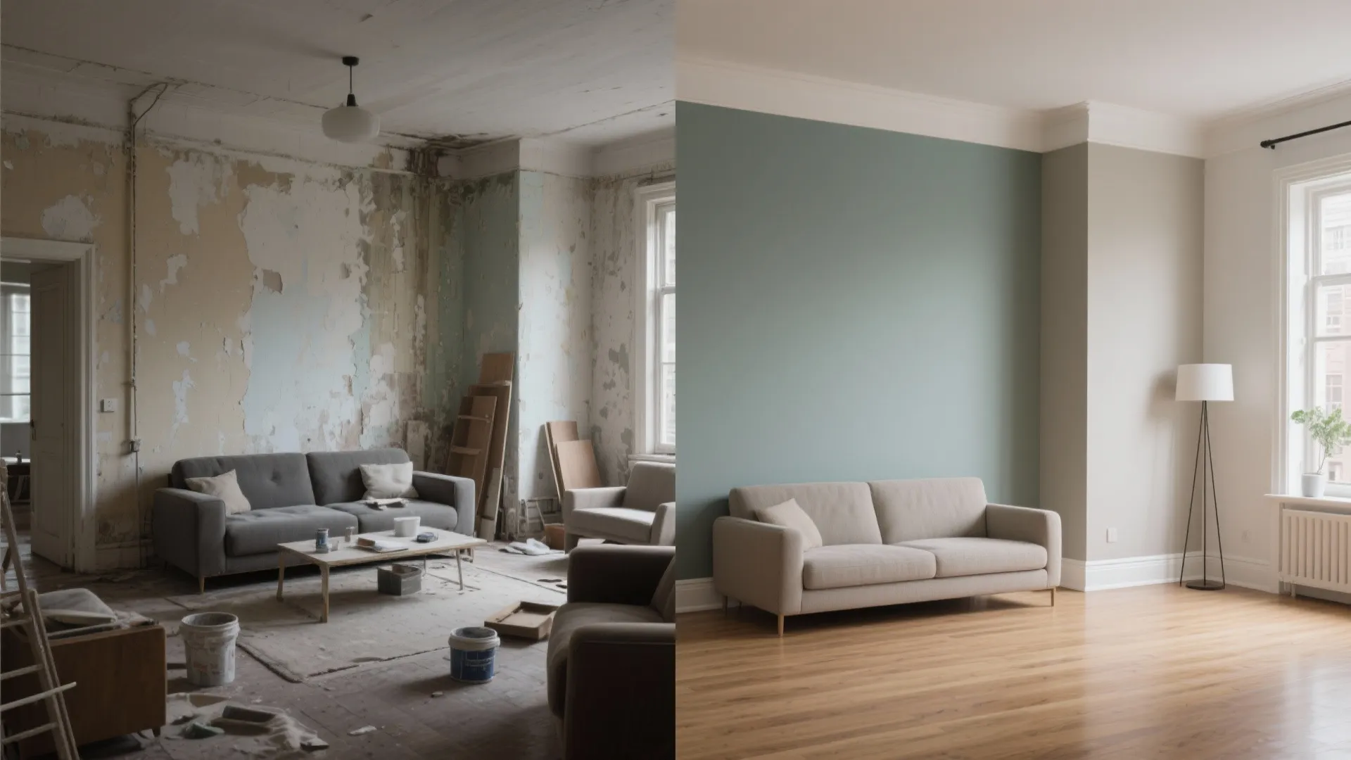 Before and after comparison of a messy old living room versus a clean renovated space
