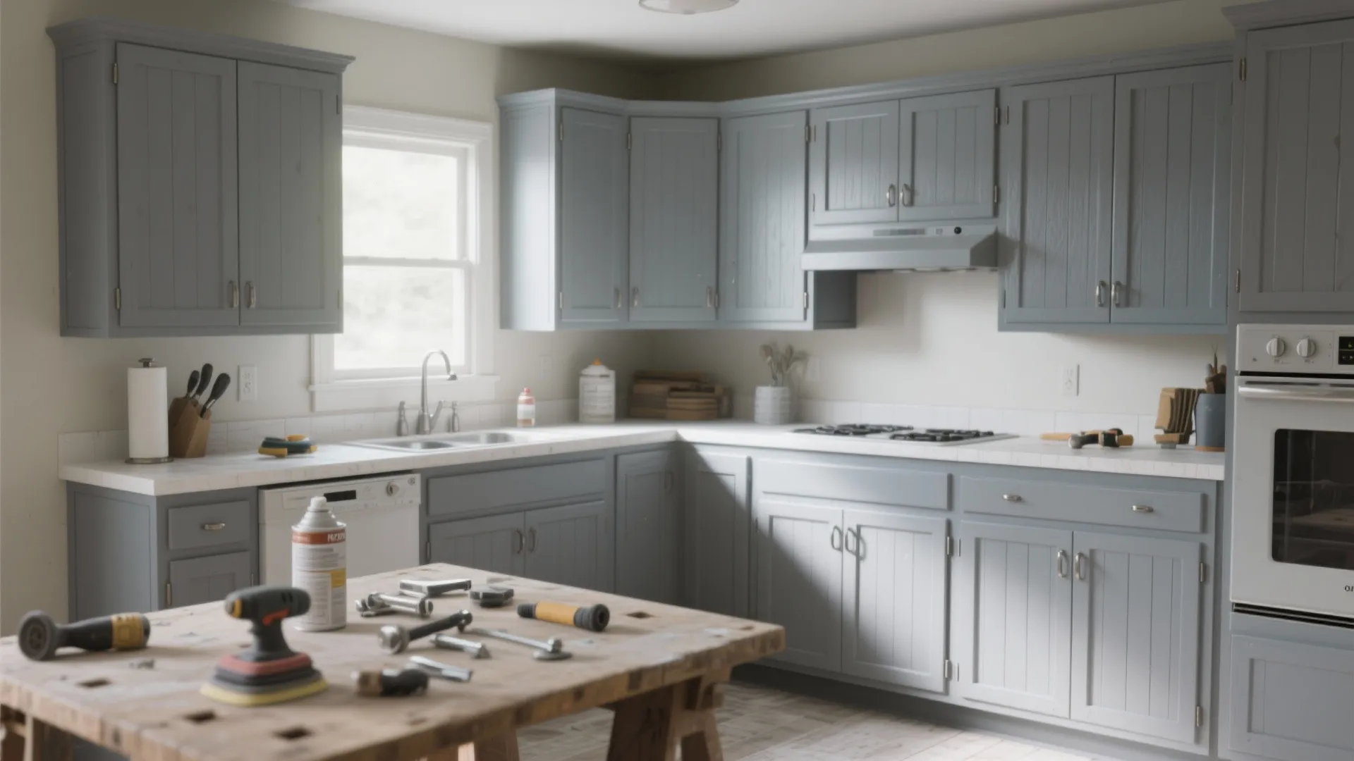Light grey kitchen cabinets with tools on a wooden work table in a bright room