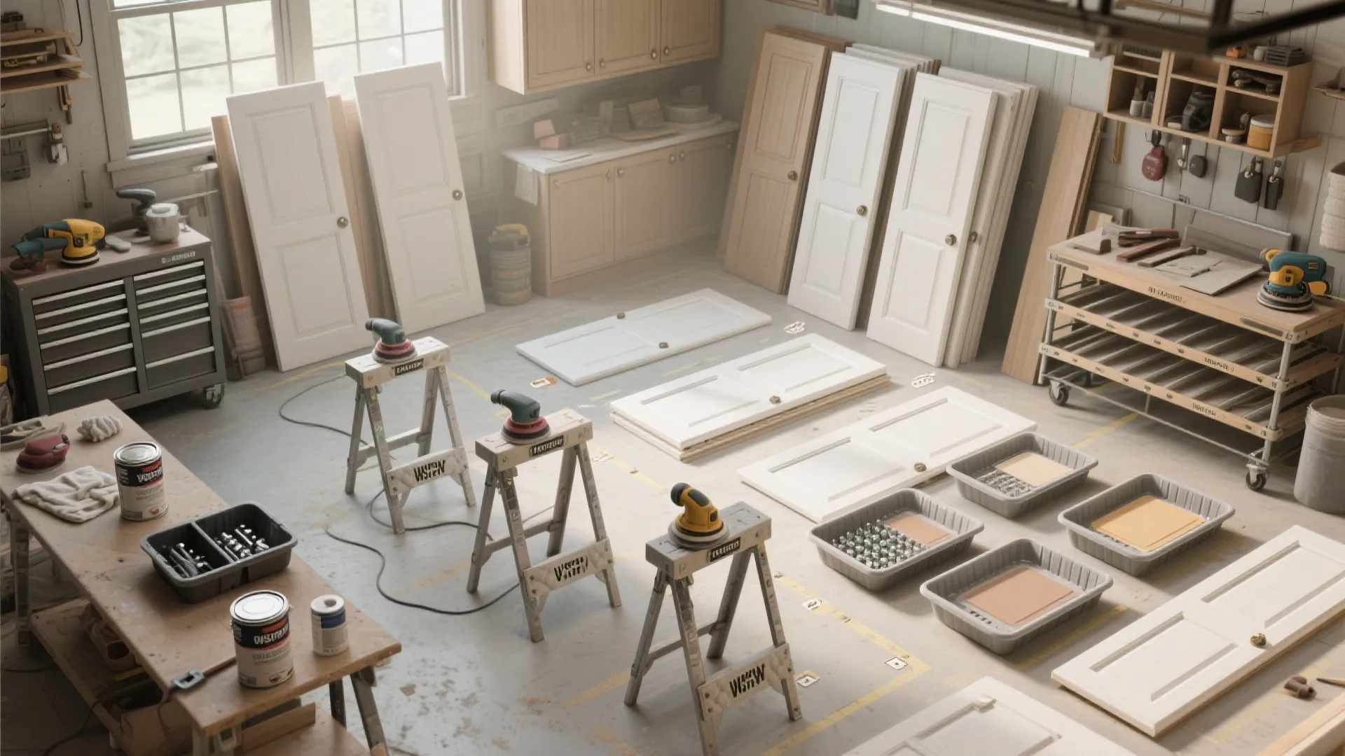 Workshop with white cabinet doors leaned against walls and various power tools for wood sanding