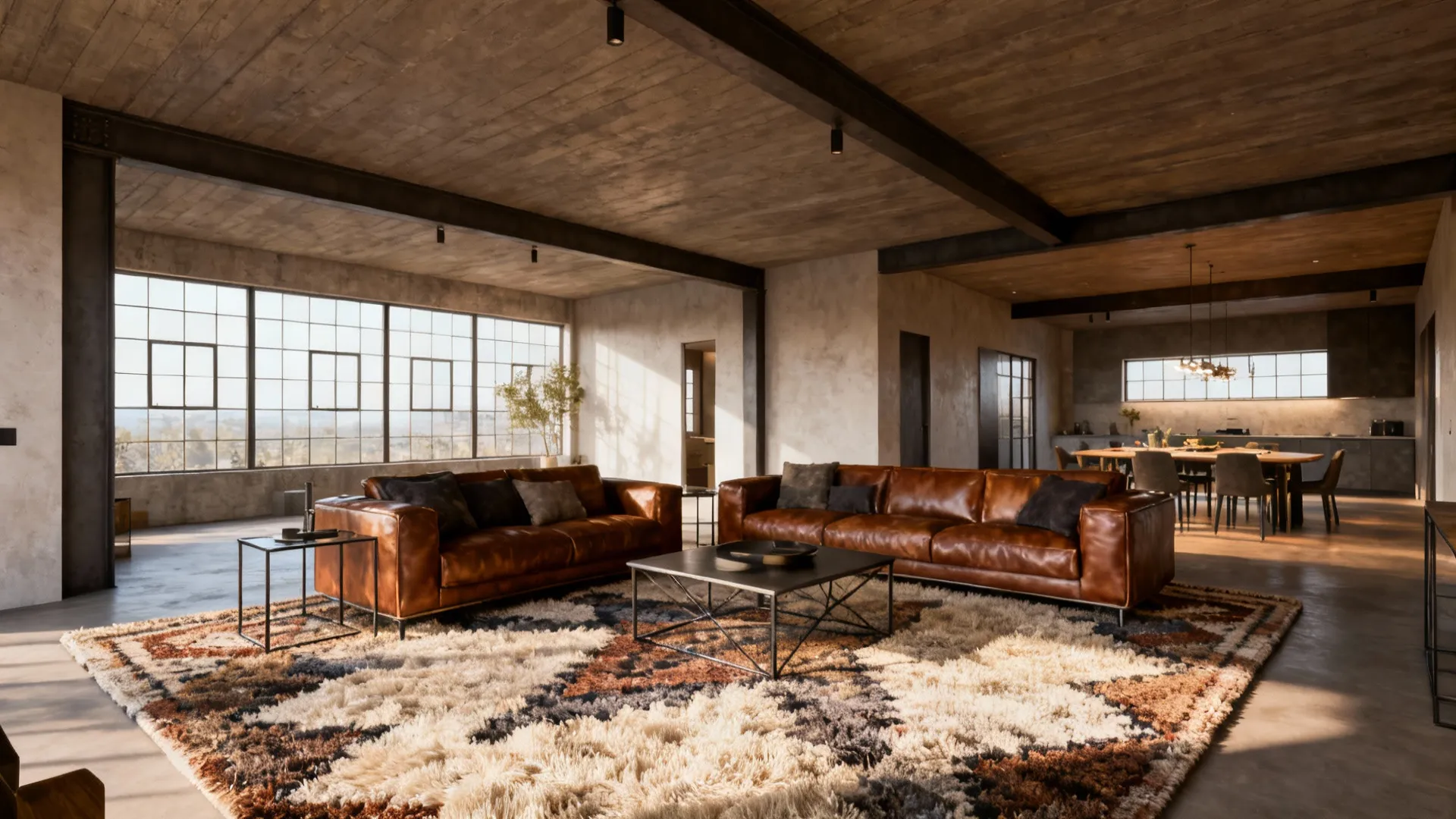 Open-plan loft with entire seating group placed on a large statement rug defining the living zone