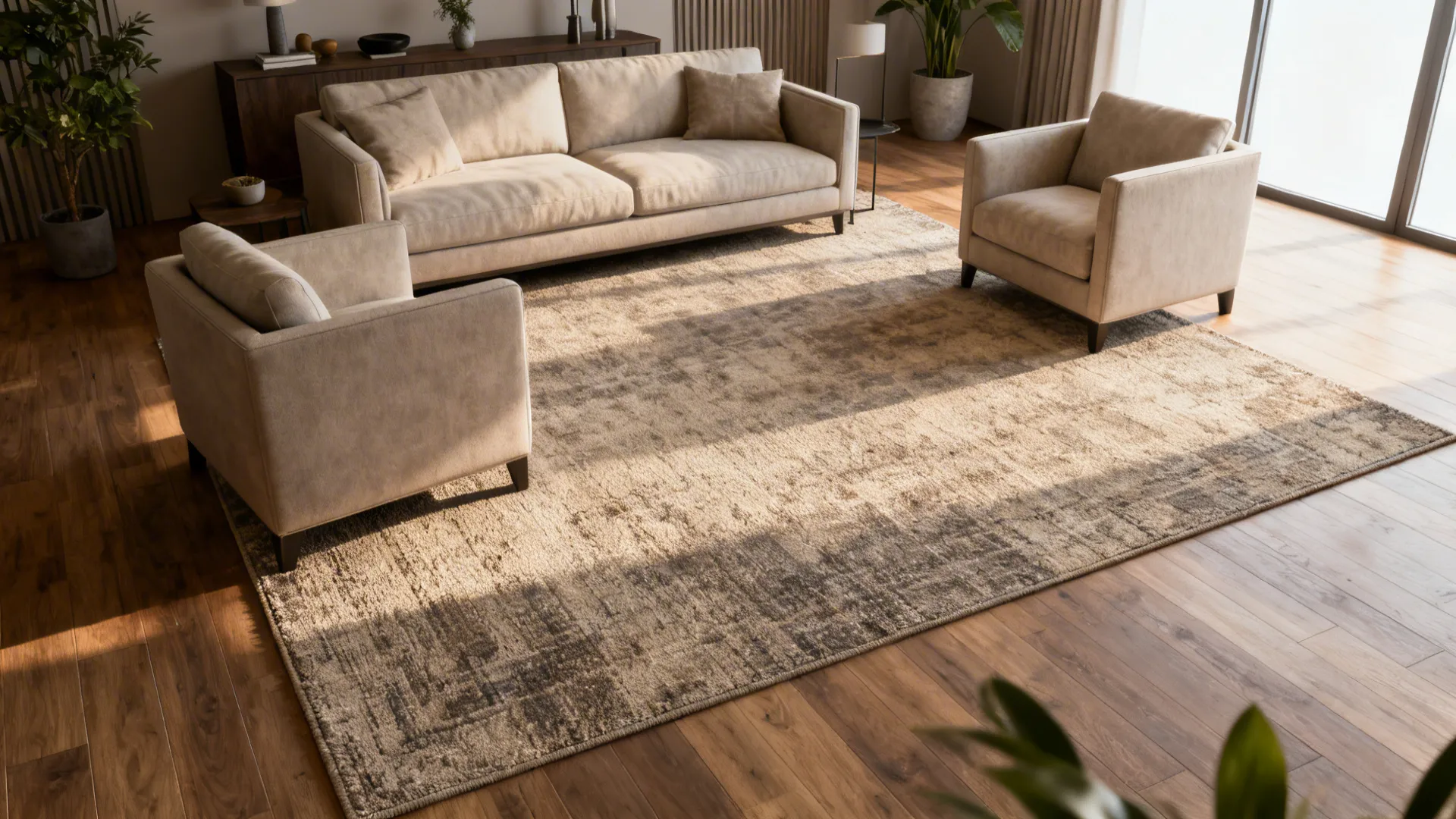 Living room where all seating pieces sit completely on a large rug, creating a unified seating area