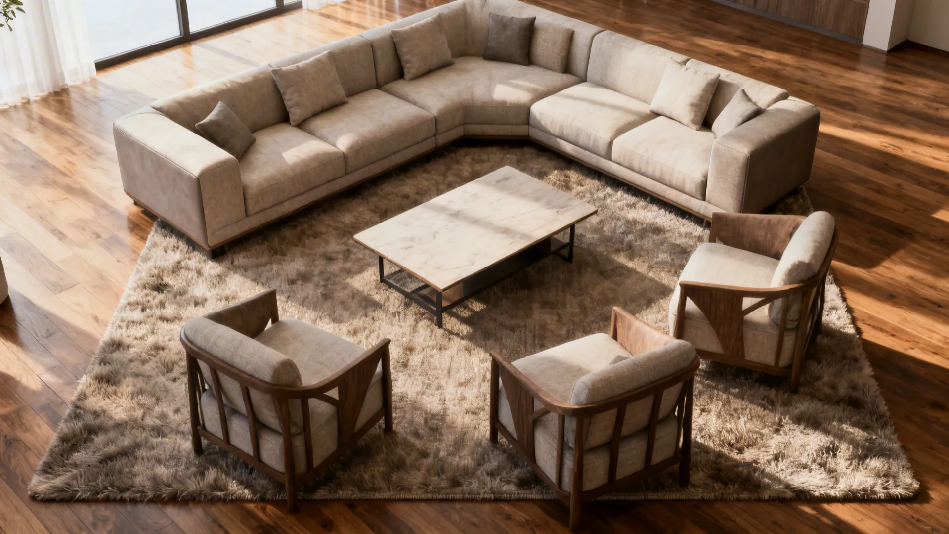 Spacious living room with a large rug placing all sectional pieces and the coffee table entirely on it.