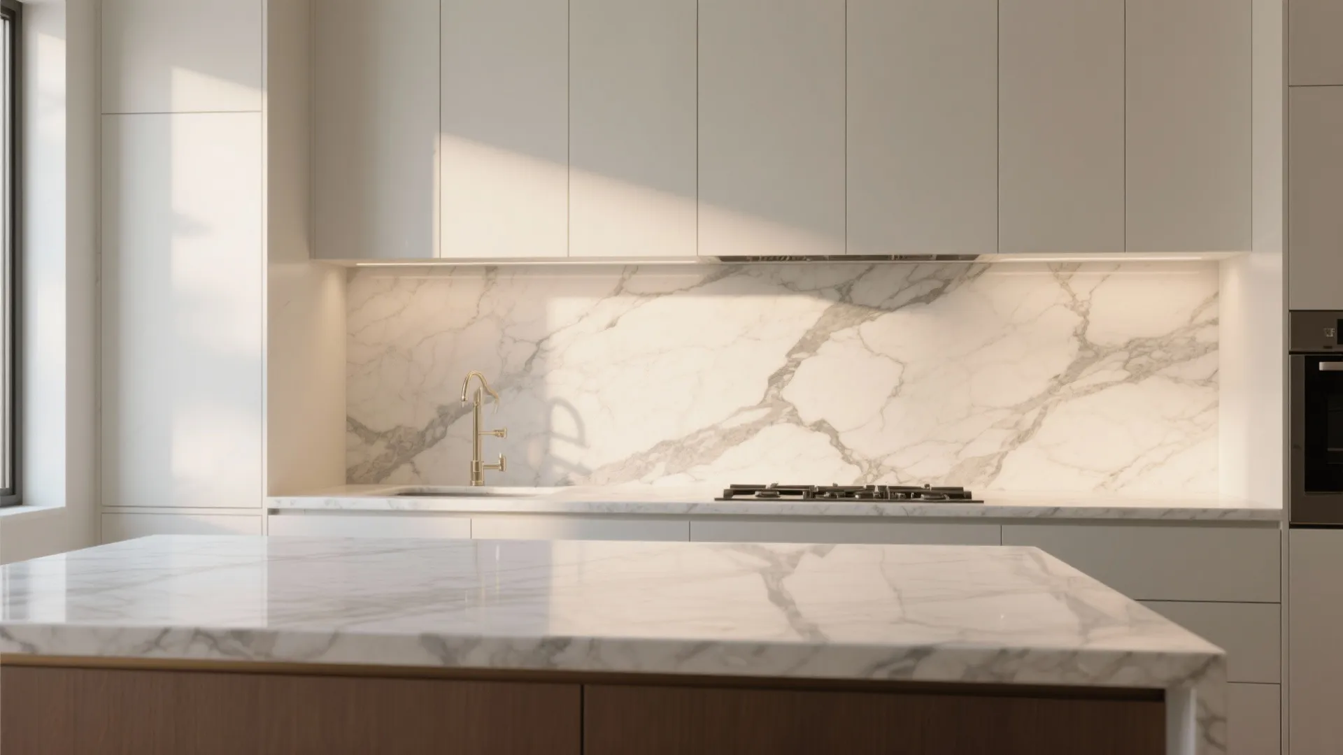 Modern kitchen with marble countertops white cabinets and warm lighting on the wall and island surfaces