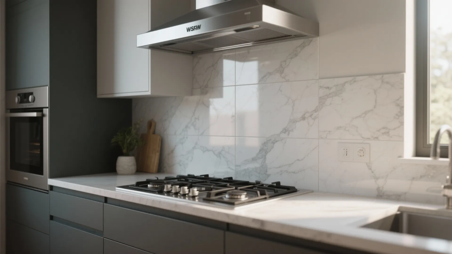 Kitchen interior design showing white marble wall panel gas stove dark cabinets and light fixture