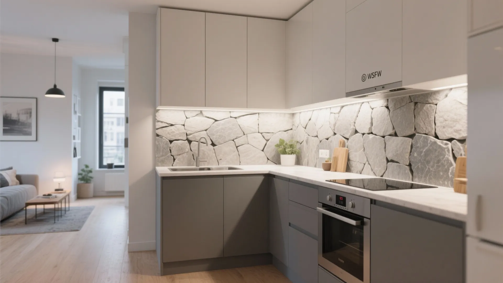Full-slab stone backsplash in open-plan small kitchen