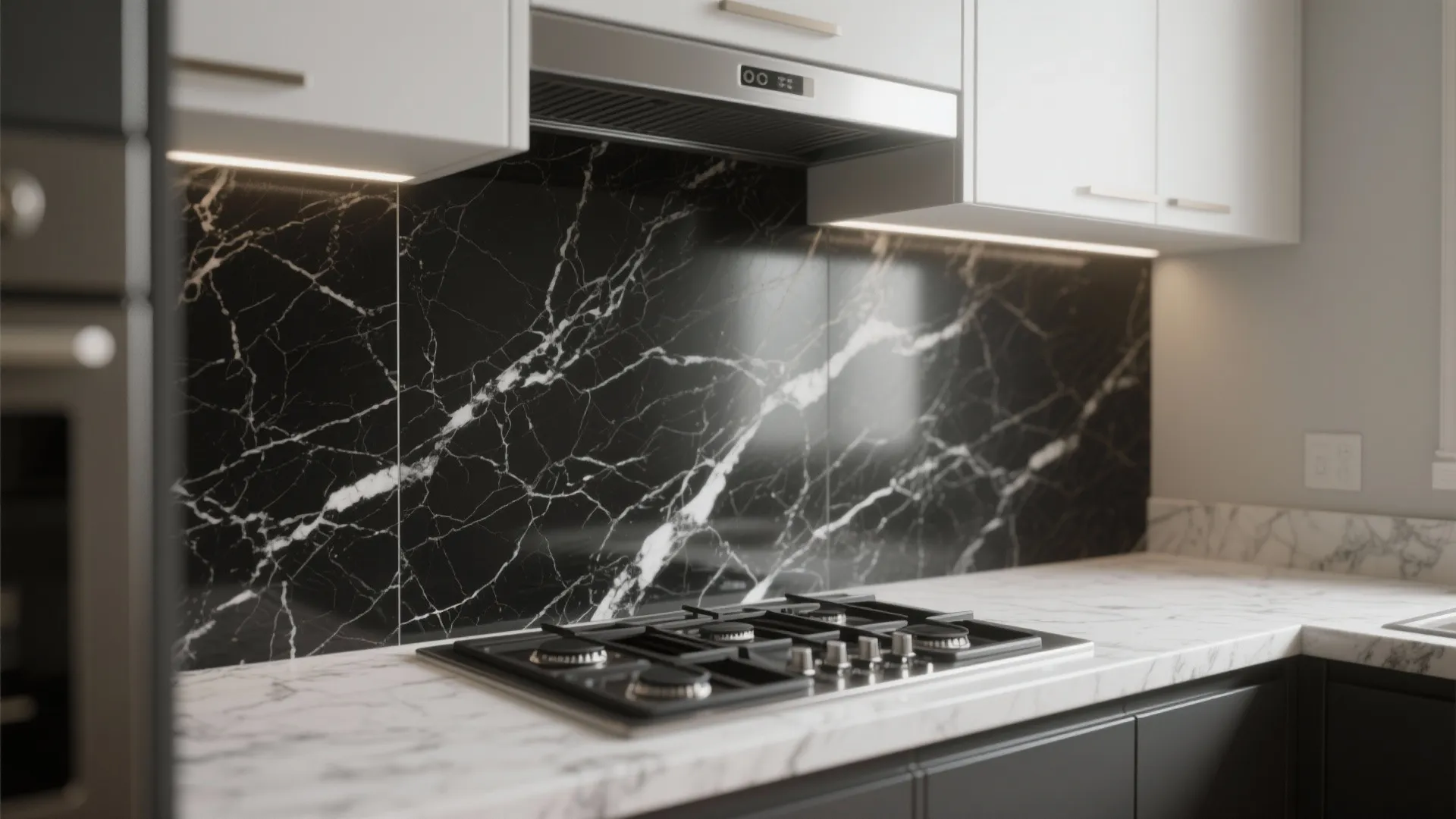 1. Bold contrast with full slab backsplash