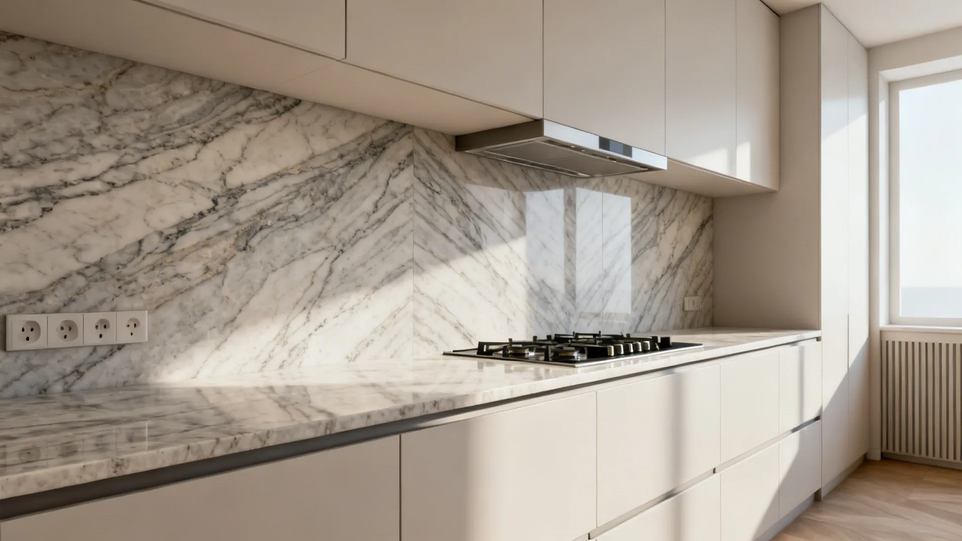 Studio kitchen with bookmatched full-height granite slab backsplash for a seamless look.