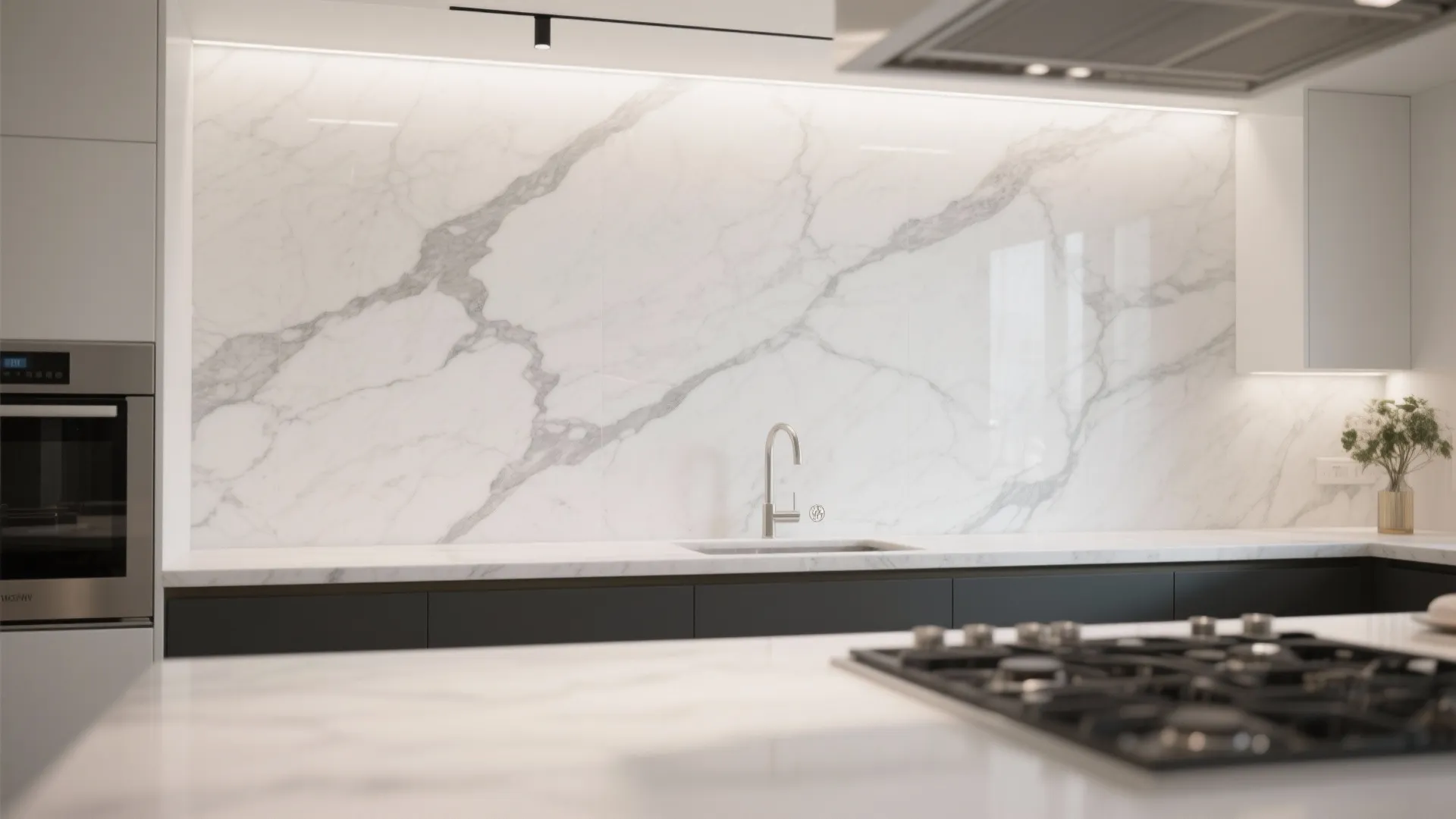 Luxury modern kitchen design with marble wall surface silver faucet black cabinets and built-in oven oven
