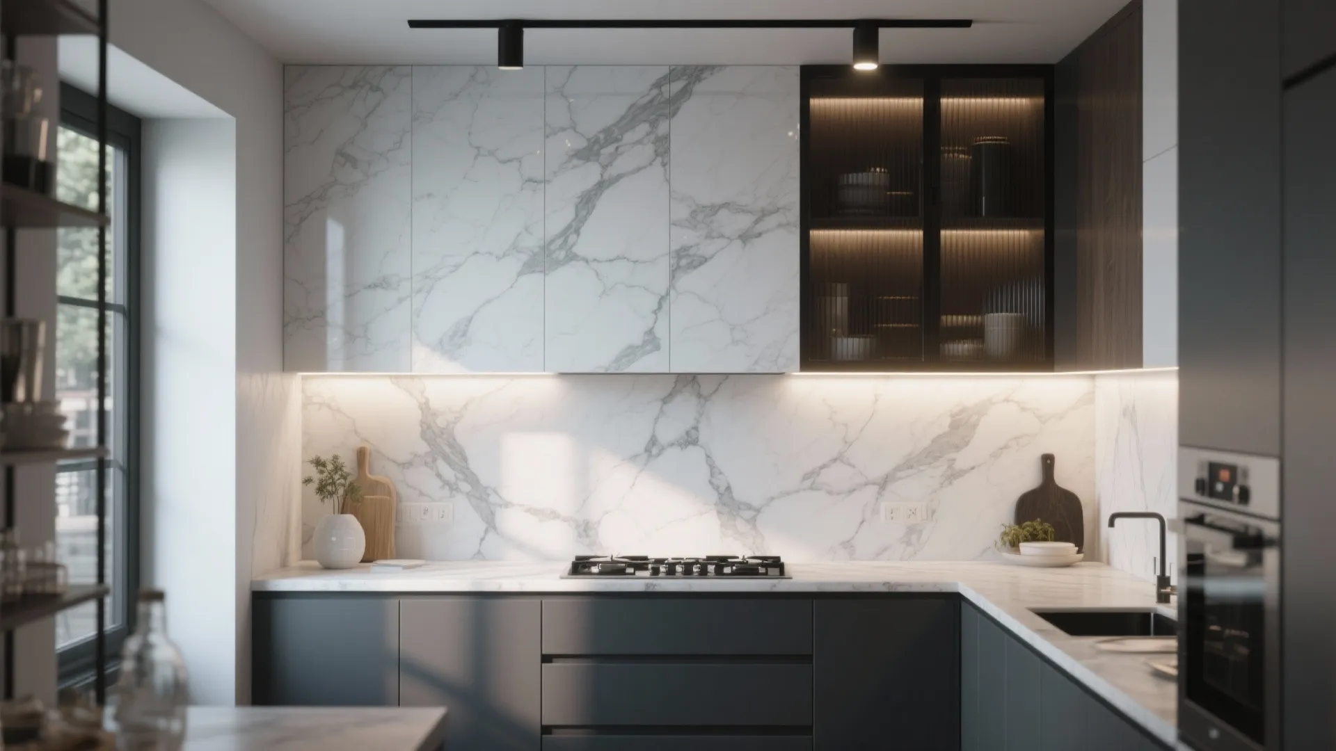 Modern kitchen with white marble wall panel black cabinets glass cabinet doors and black light fixture