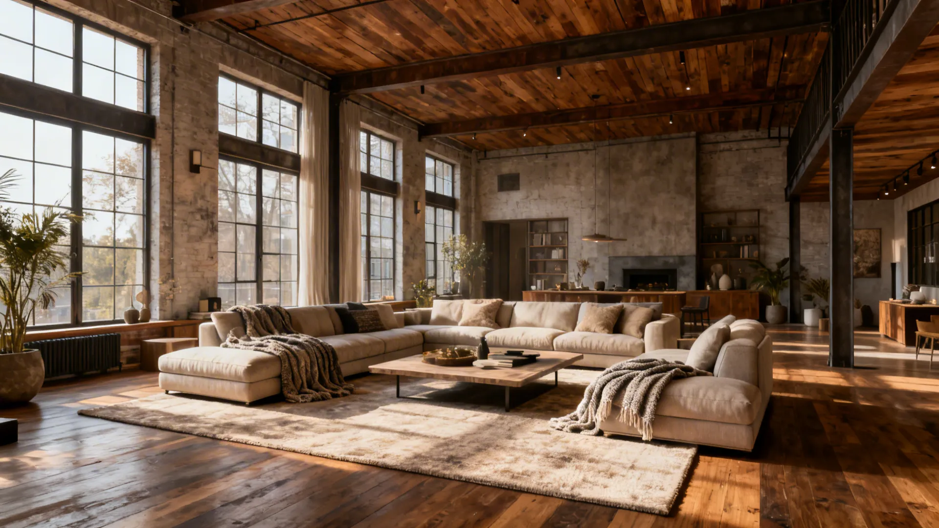 Spacious living room with all seating fully on one large rug, creating a cohesive group