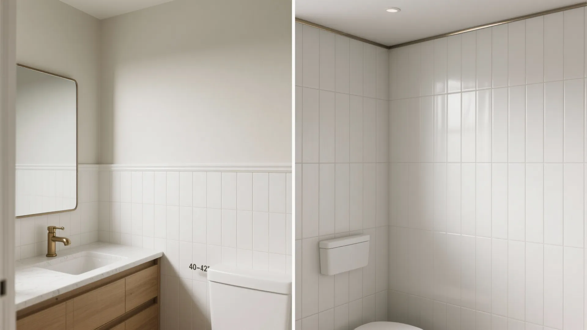 Comparison between half wall panel bathroom tiles and full ceiling height white tile wall design