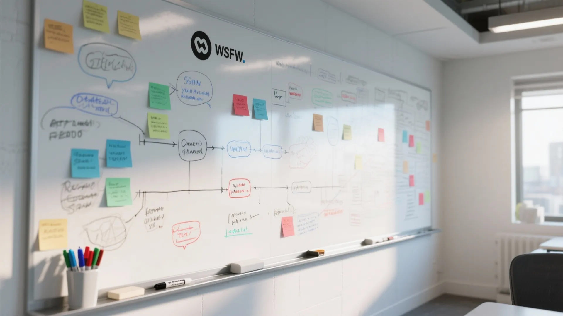 Full whiteboard-painted wall in an office covered with timelines and sketches for brainstorming.