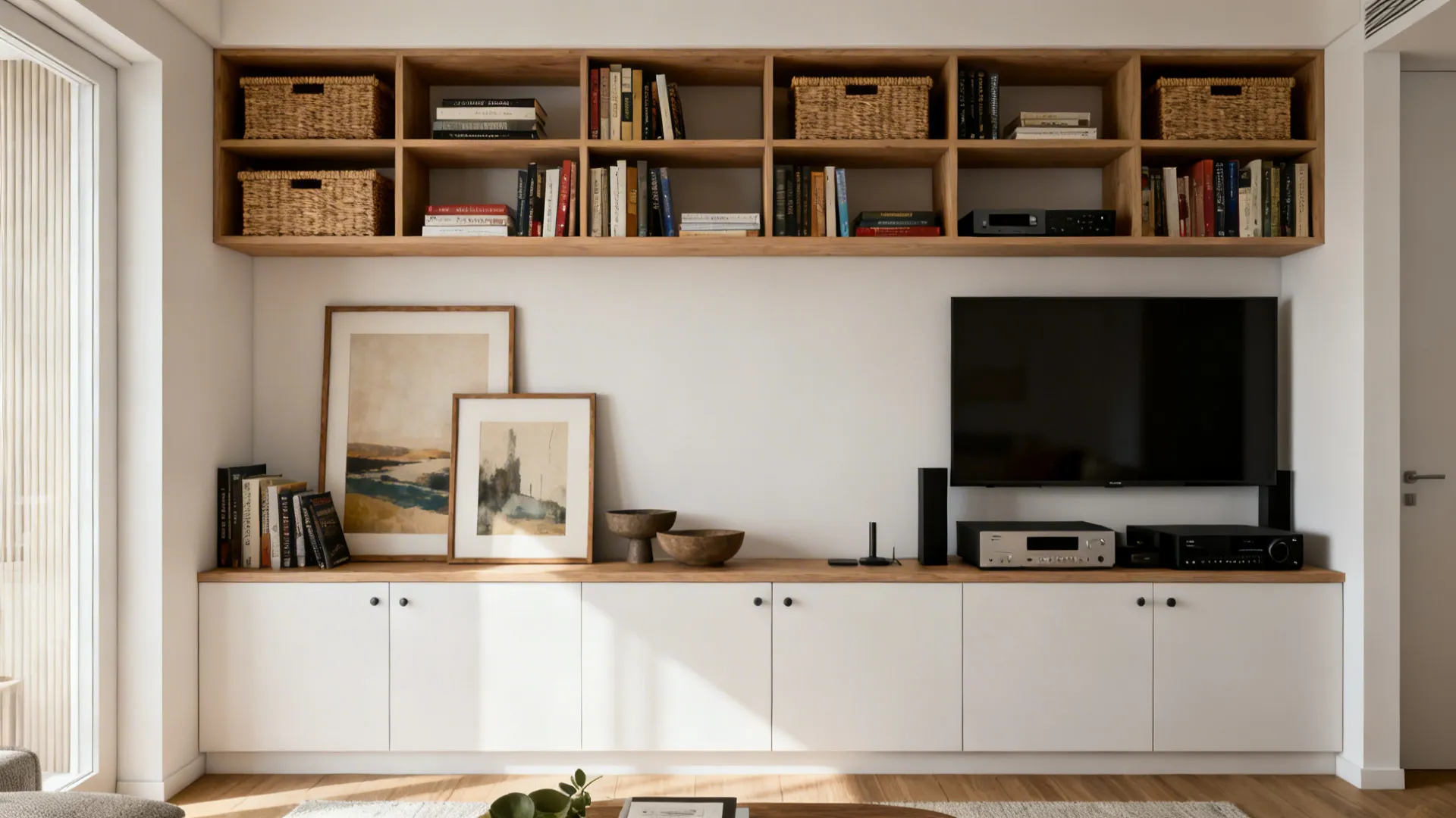 Custom full-wall built-in shelving with cabinets below and styled open shelves above
