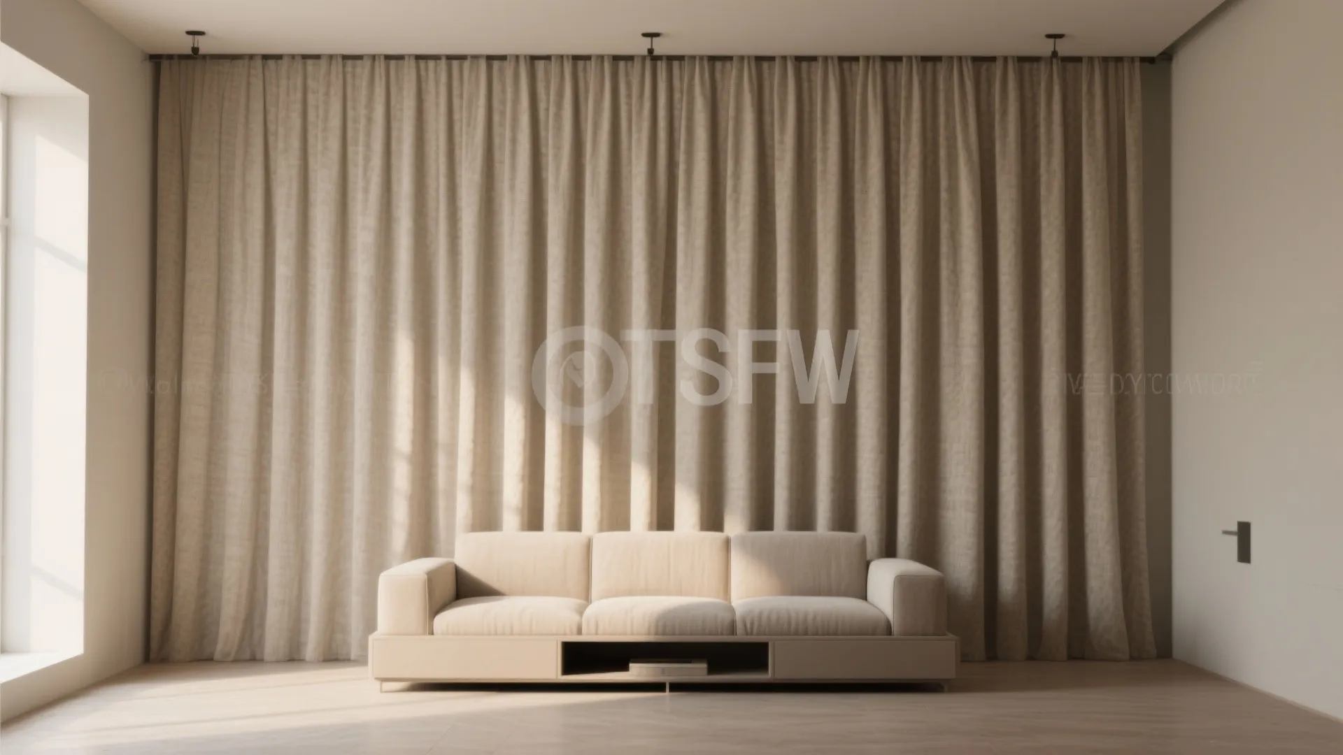 A beige sofa sits in front of floor to ceiling beige curtains with soft natural light