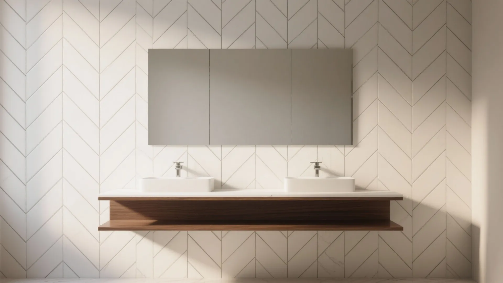 Modern bathroom with white patterned wall tiles double sinks large mirror and wooden floating cabinet