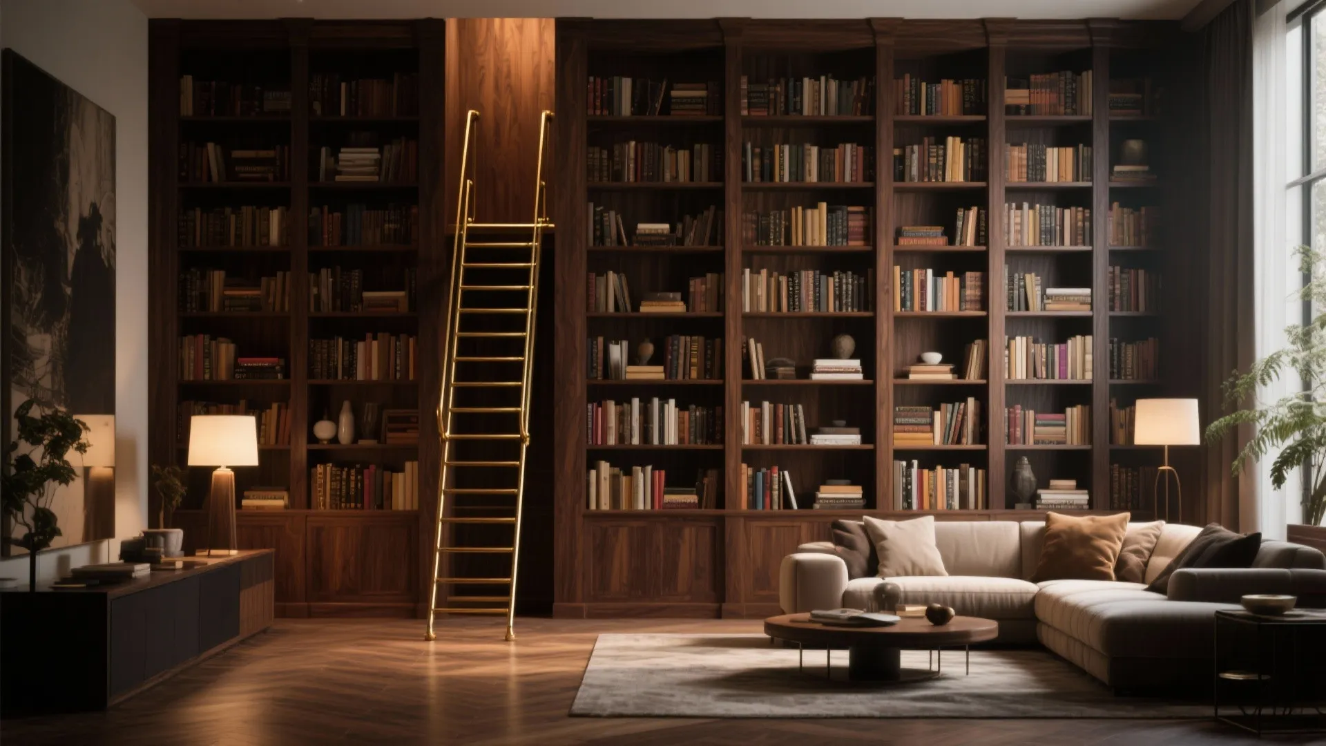 Full wall living room library with sliding ladder
