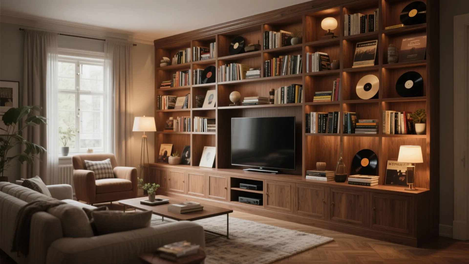 Full wall media library with built-in TV and bookshelves