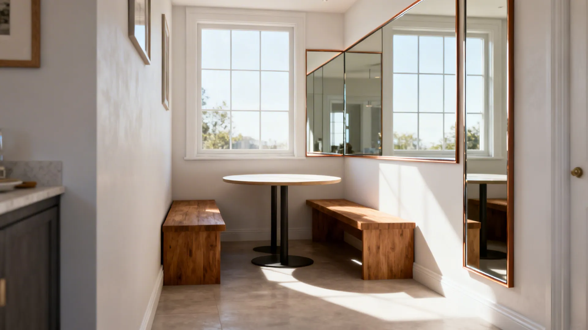 Narrow dining nook with a full-wall mirror reflecting the window light and creating depth