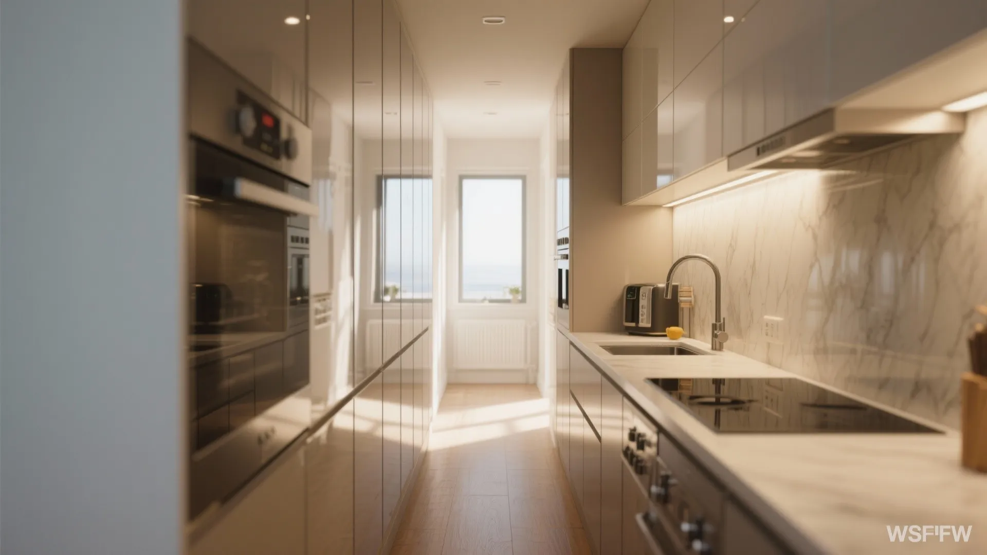 Modern narrow galley kitchen with mirrored wall panels white cabinets marble countertop and a window