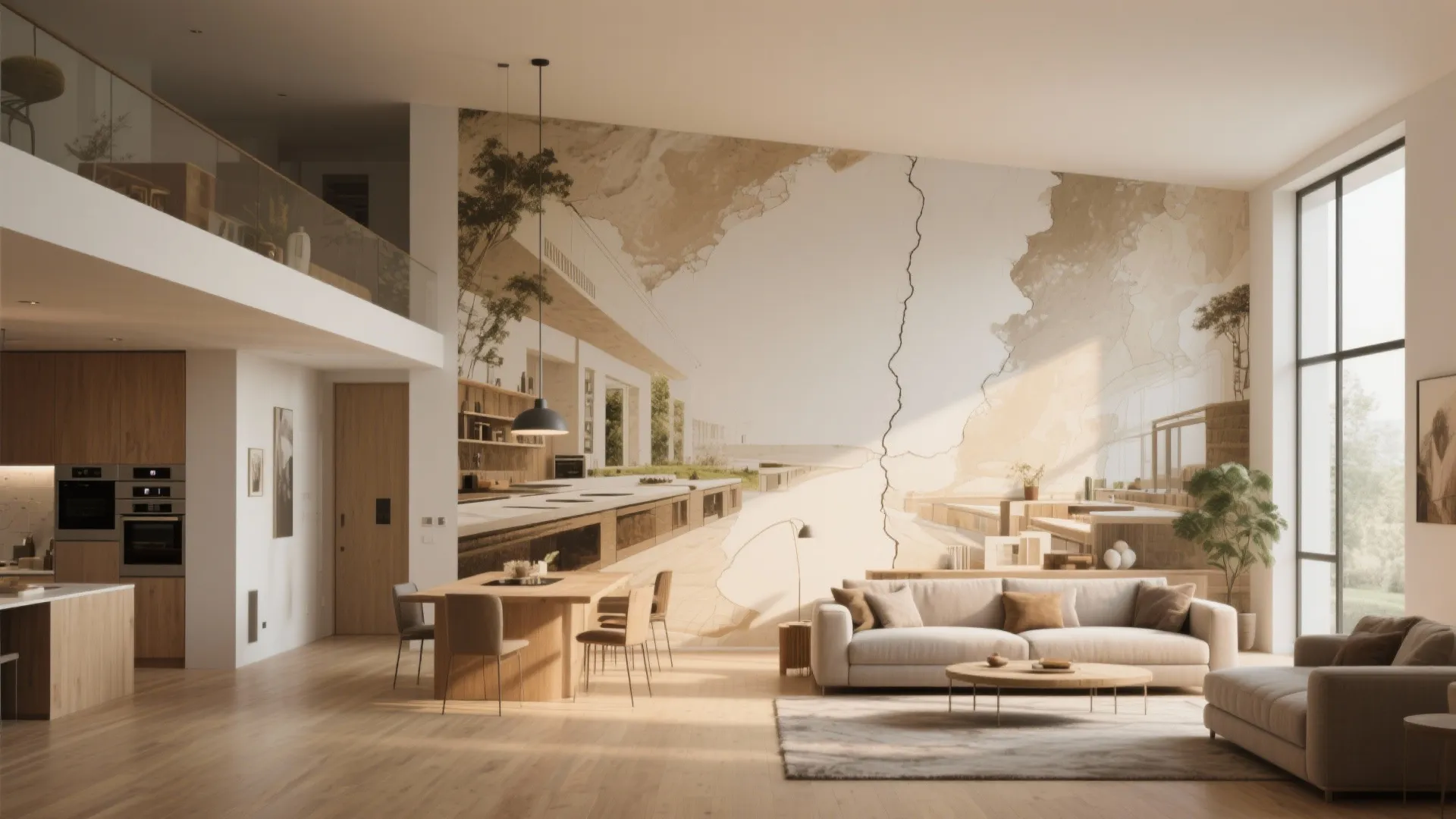 Open-plan space with a floor-to-ceiling mural spanning a full wall, illustrating panoramic scale and integration.