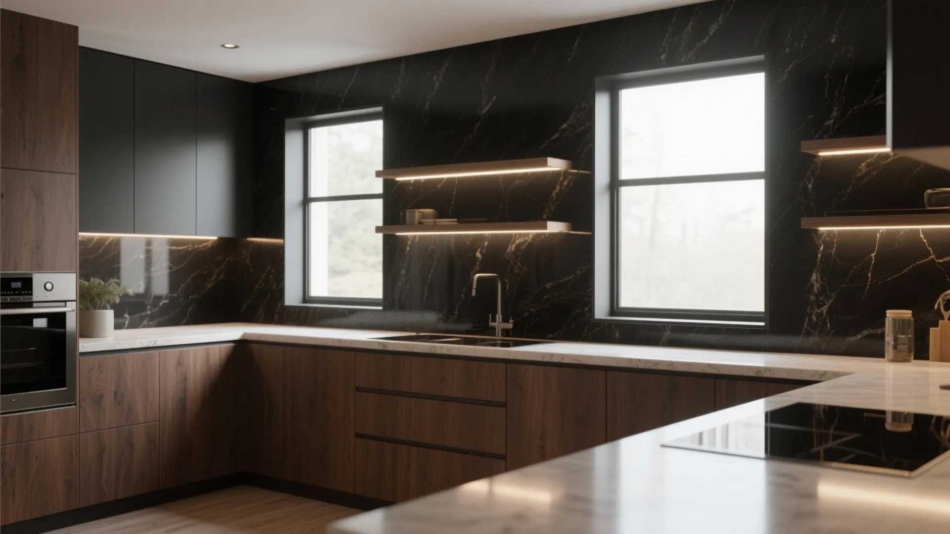 Kitchen design with wooden cabinets black marble wall panels two windows and white marble countertops