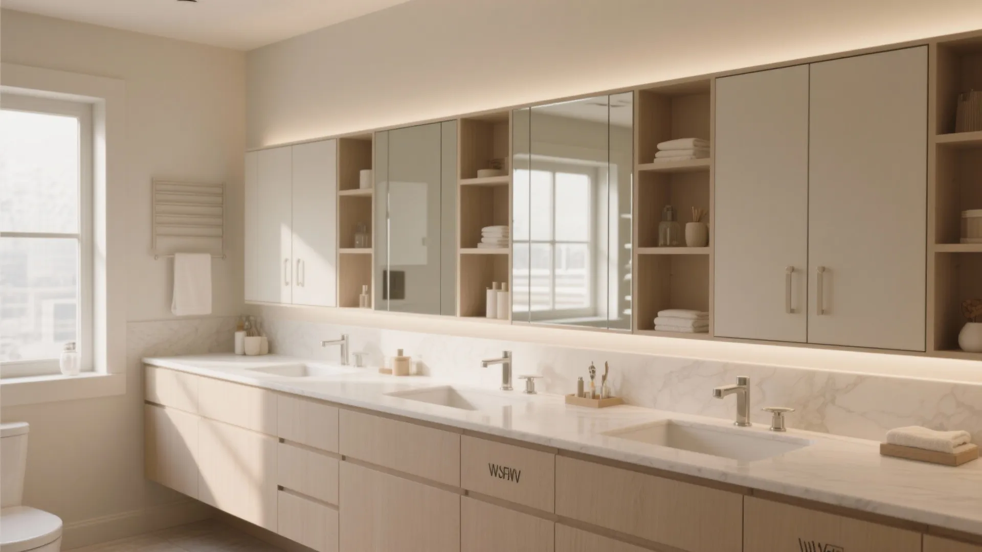 Vanity with full wall mirrored storage cabinets