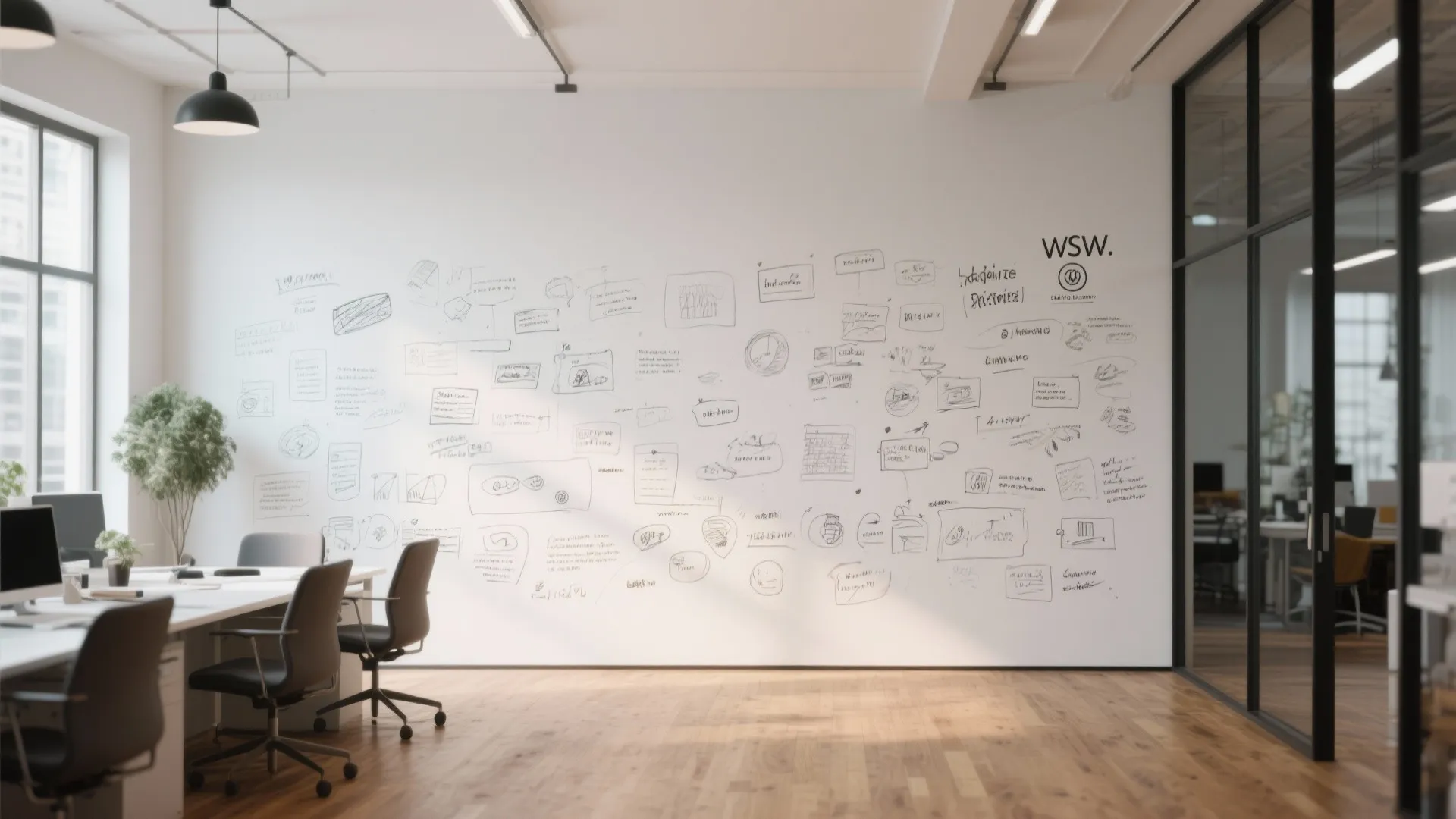Office with a full wall painted in whiteboard for brainstorming