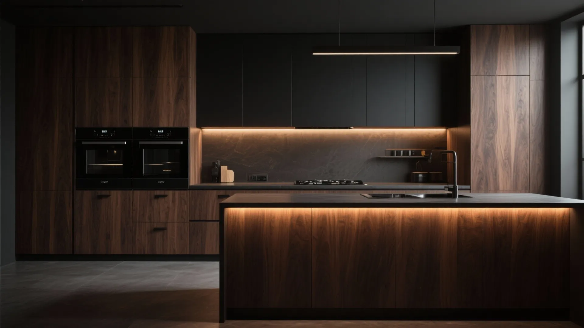 Moody modern kitchen with floor-to-ceiling walnut cabinets, matte black hardware, and warm LED lighting.
