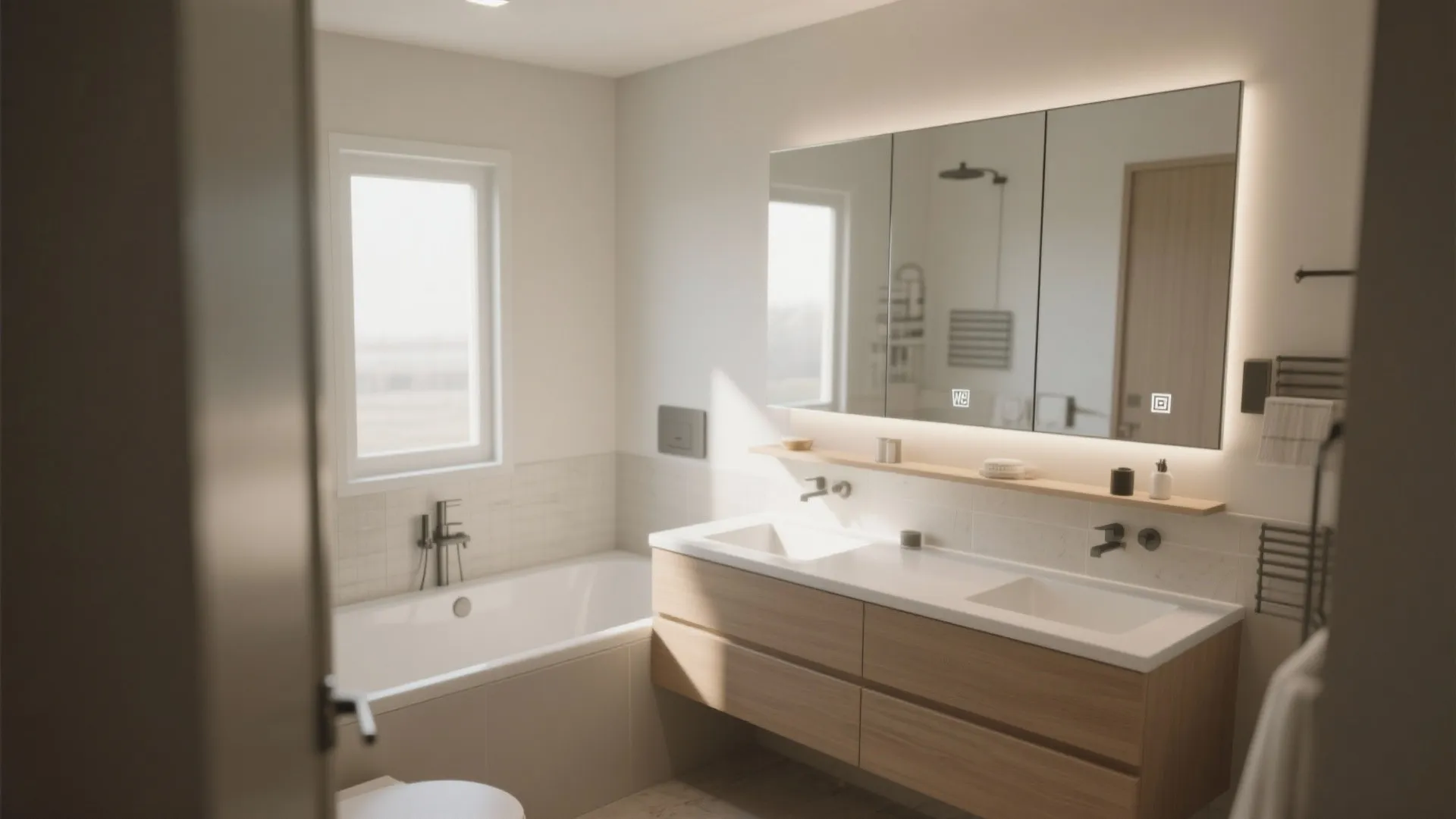 Bright bathroom with large backlit mirror double sink wooden vanity bathtub window and natural light effect