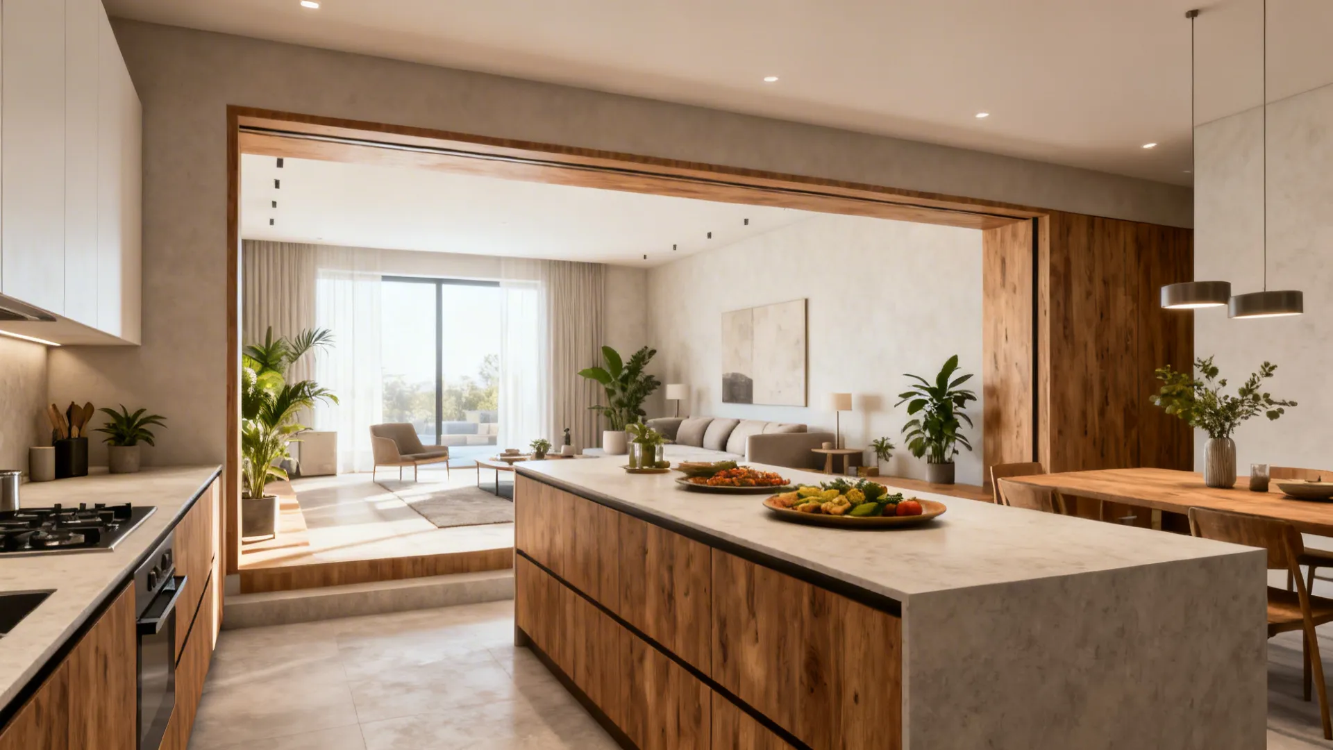 Full-width pass-through opening between kitchen and living room for serving and shared light.