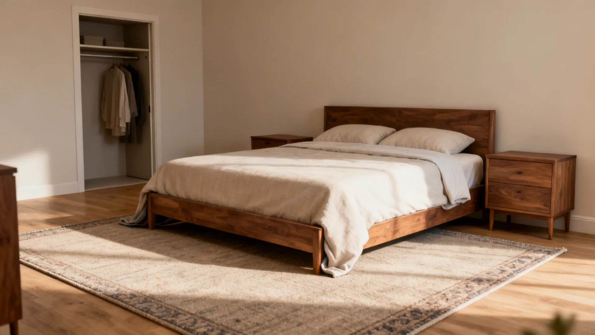 Compact bedroom with a 6x9 rug cropped under a queen bed anchoring the bed and nightstands