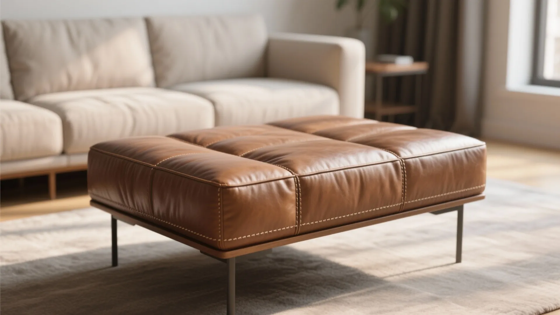 Close view of a padded leather-wrapped coffee table with welting and folded hem in a small living room.
